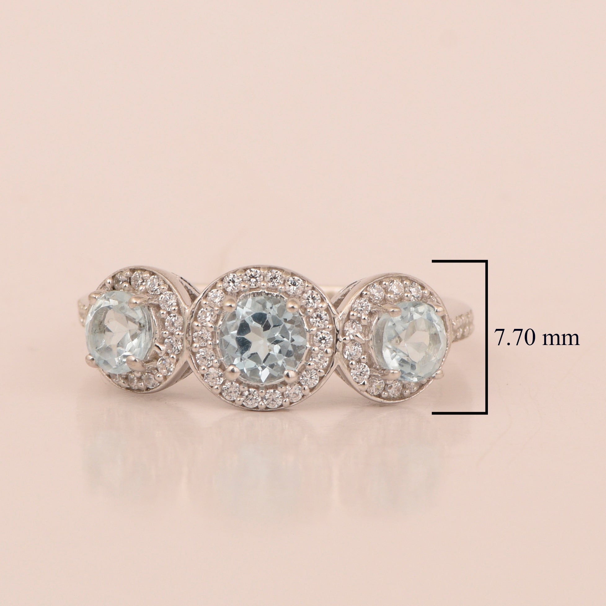 Aquamarine Triple Halo Design Ring – Sterling Silver