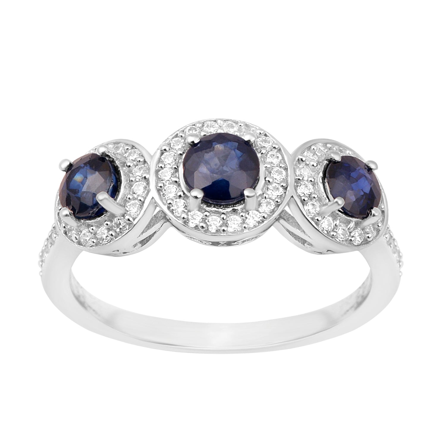 Blue Sapphire Three Stone Halo Ring -Sterling Silver