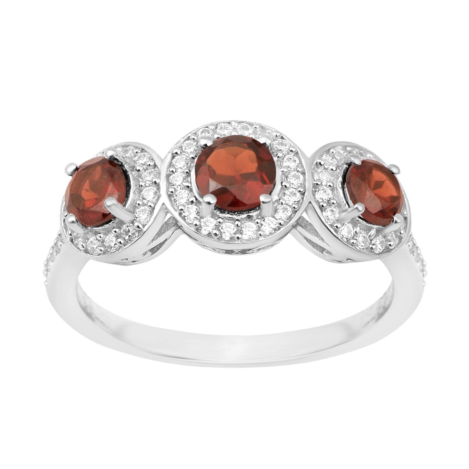 Garnet Three Stone Halo Ring -Sterling Silver
