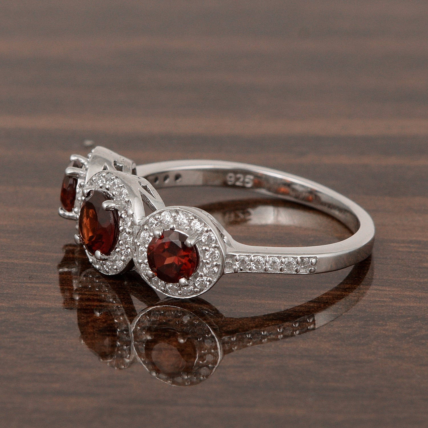 Garnet Three Stone Halo Ring -Sterling Silver
