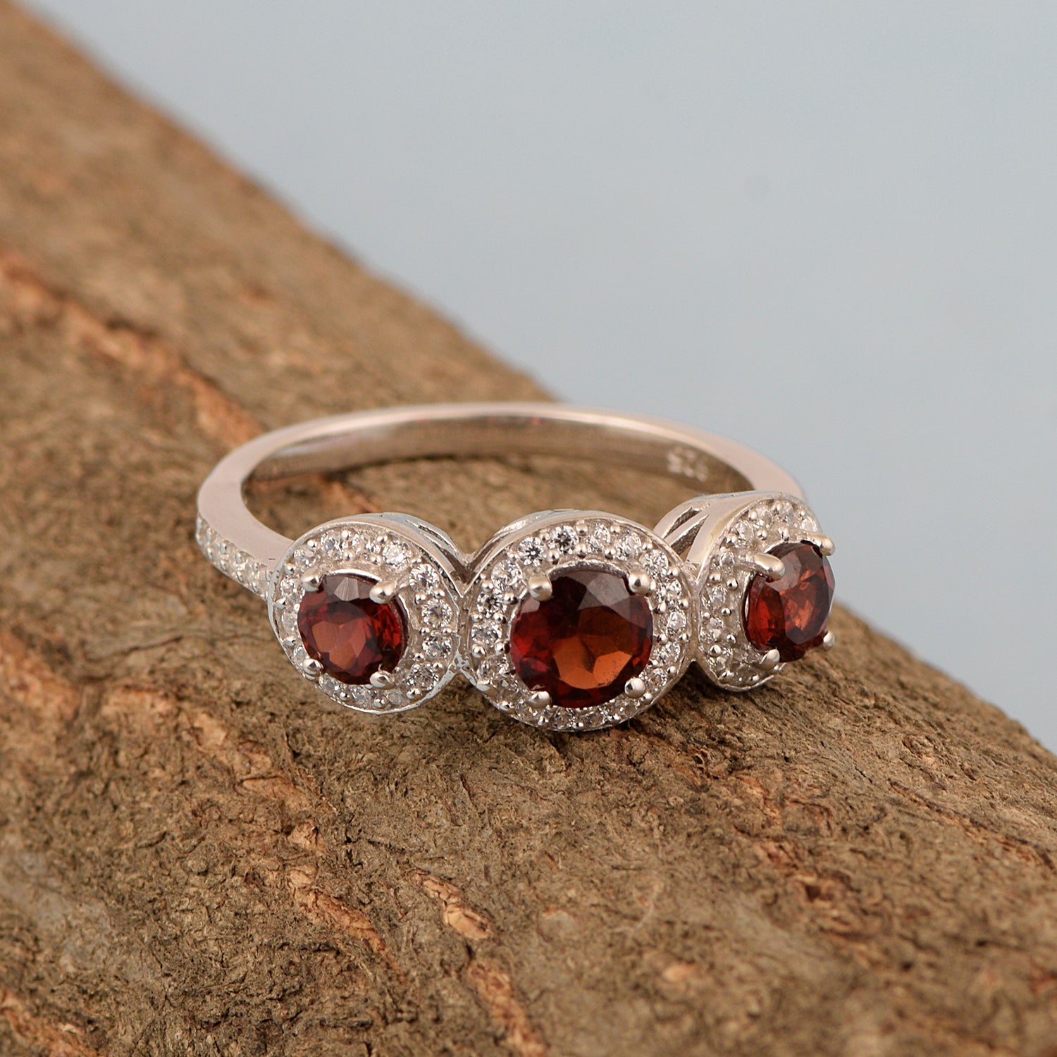 Garnet Three Stone Halo Ring -Sterling Silver