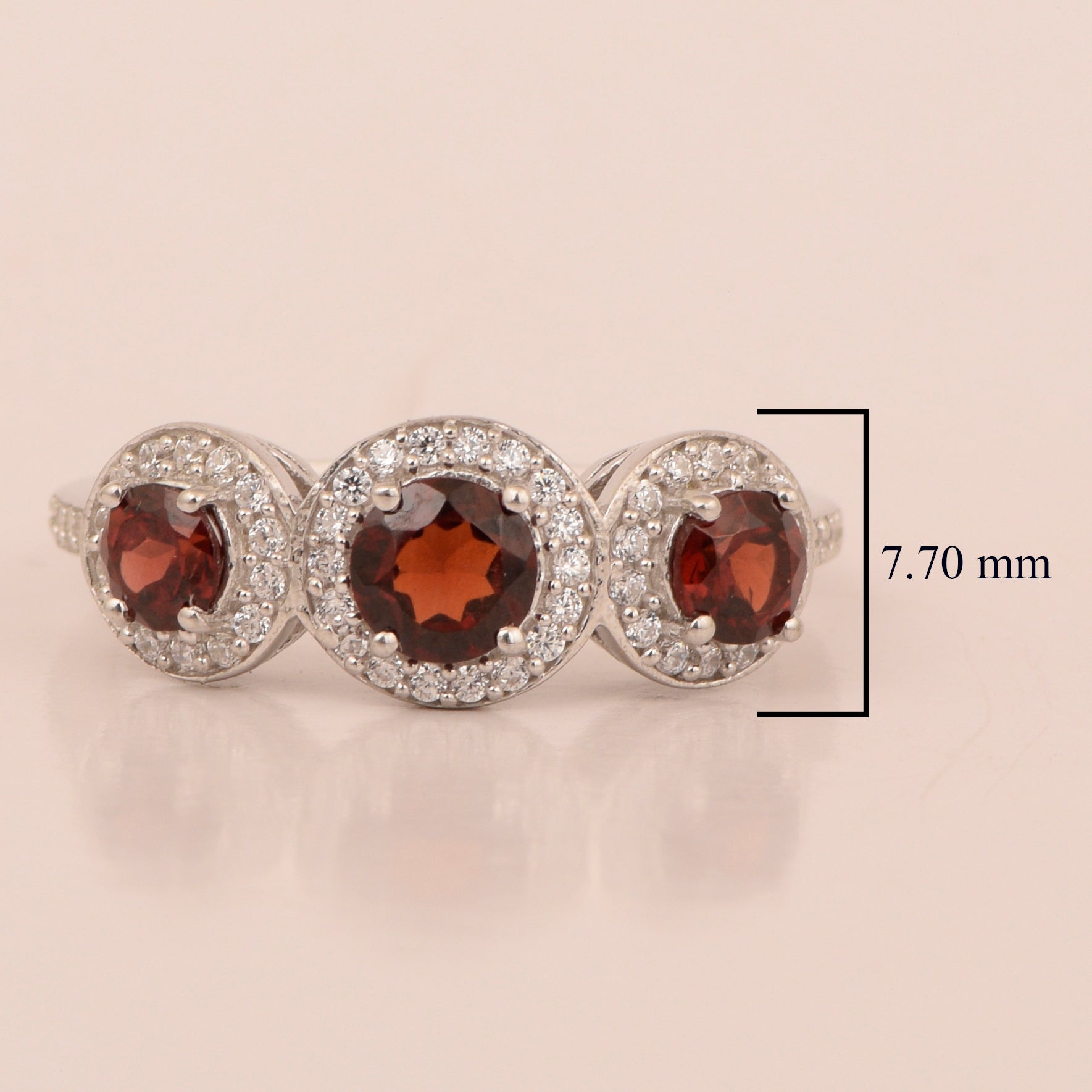 Garnet Three Stone Halo Ring -Sterling Silver