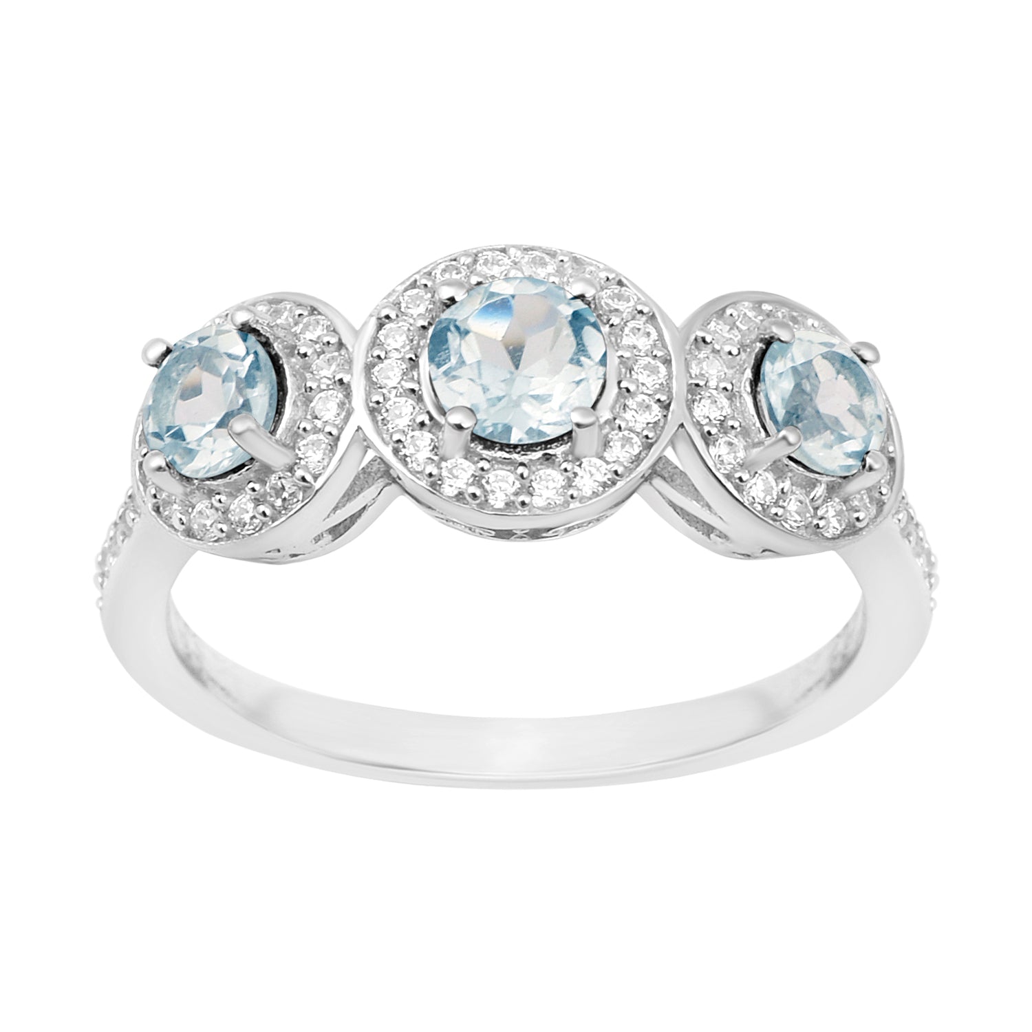 Swiss Blue Topaz 3-Stone Halo Ring - Sterling Silver