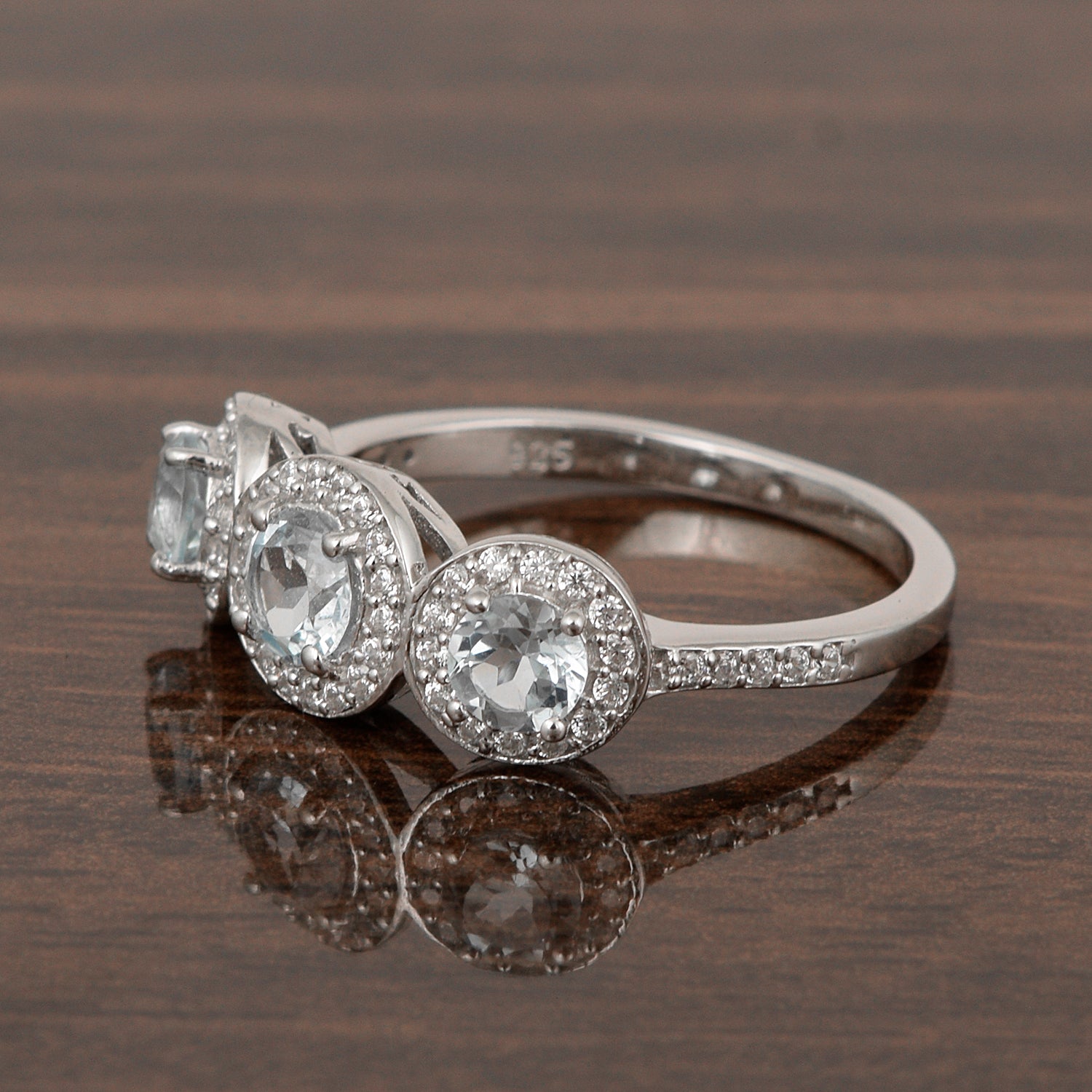 Swiss Blue Topaz 3-Stone Halo Ring - Sterling Silver