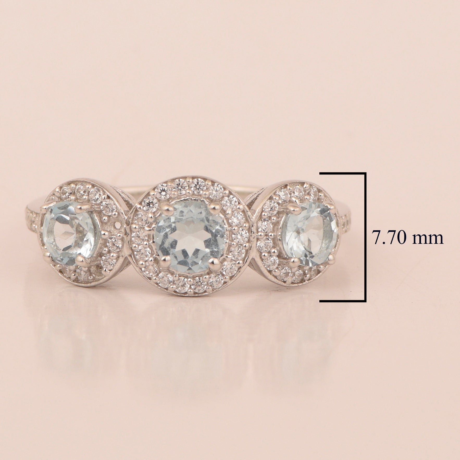 Swiss Blue Topaz 3-Stone Halo Ring - Sterling Silver