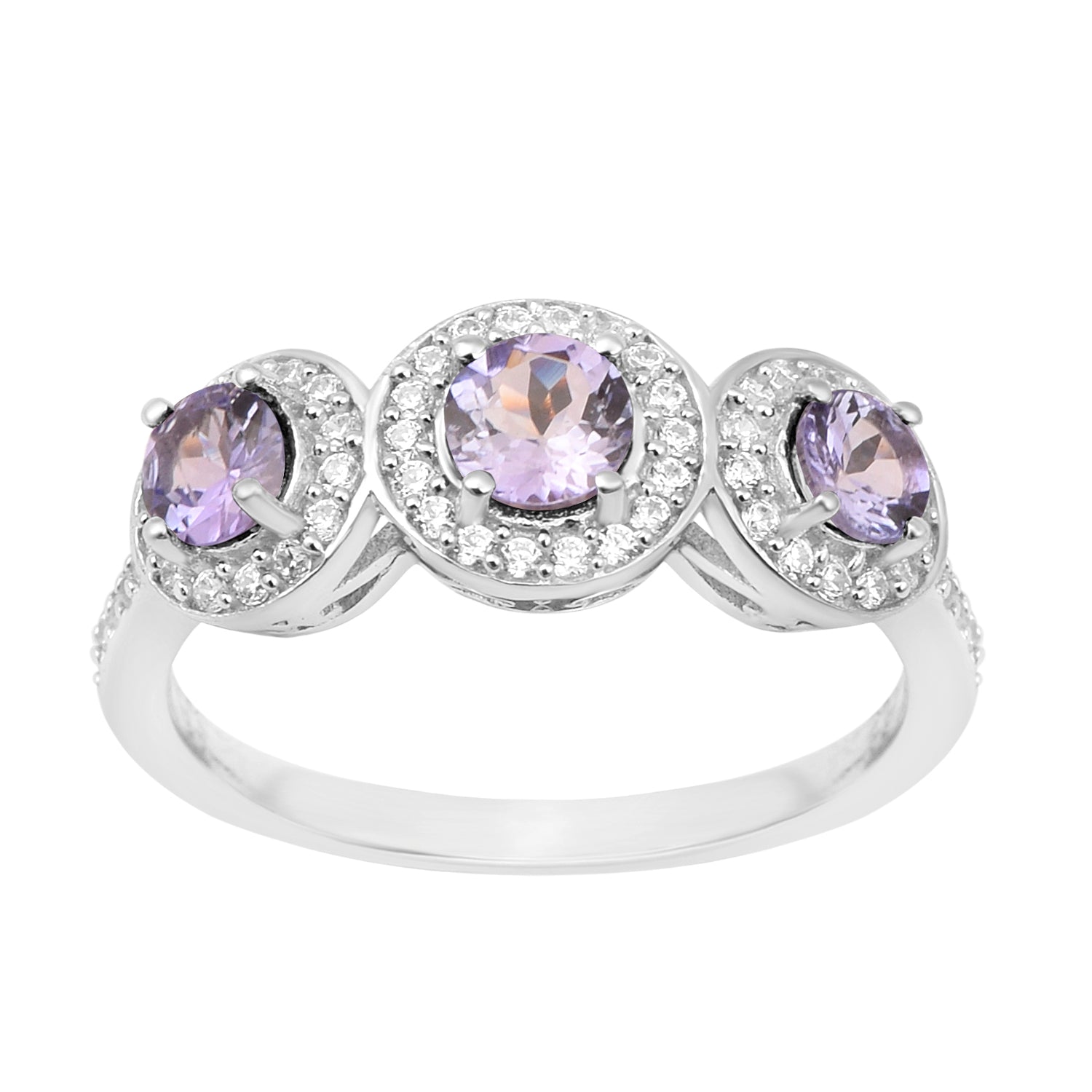 Tanzanite Three Stone Halo Ring -Sterling Silver