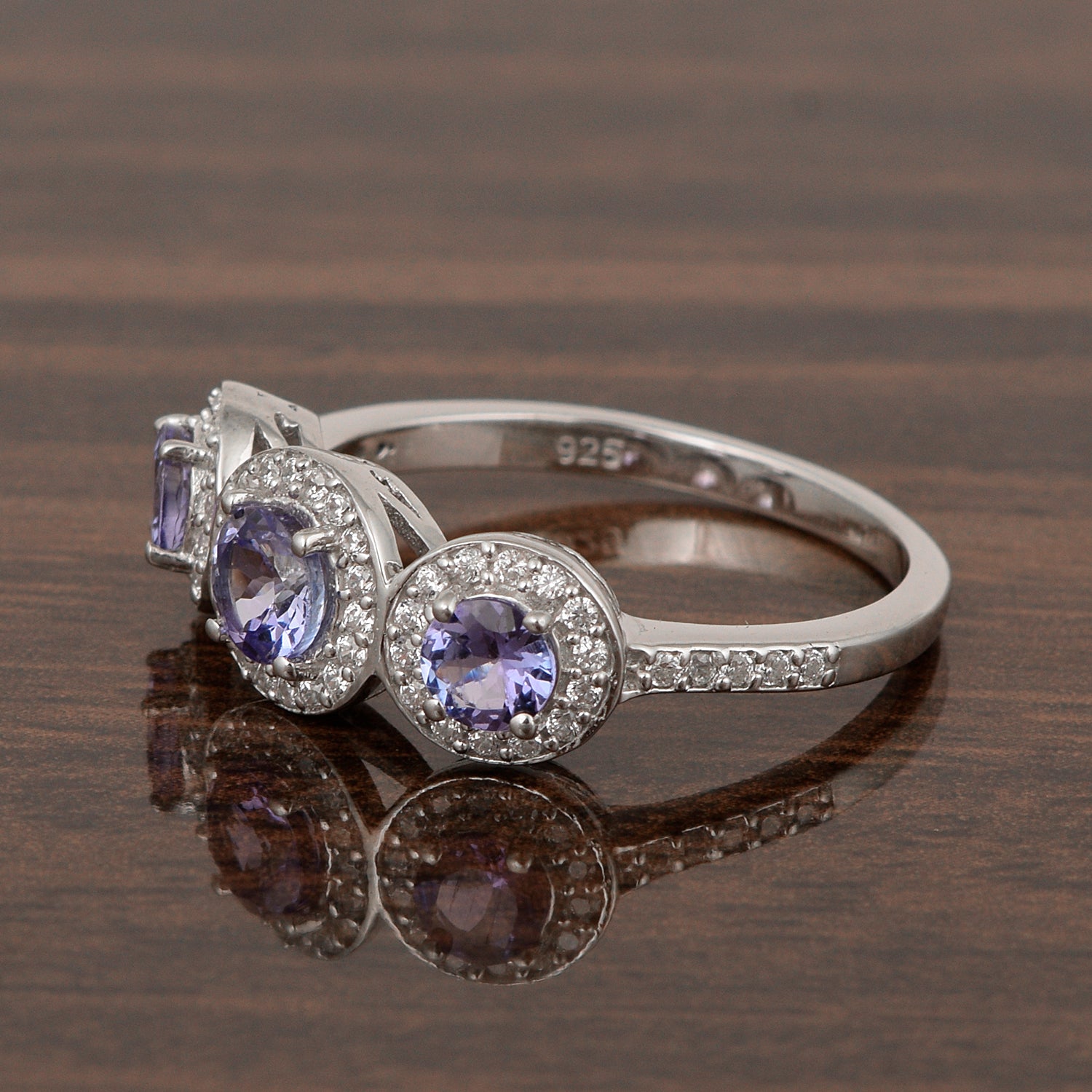 Tanzanite Three Stone Halo Ring -Sterling Silver