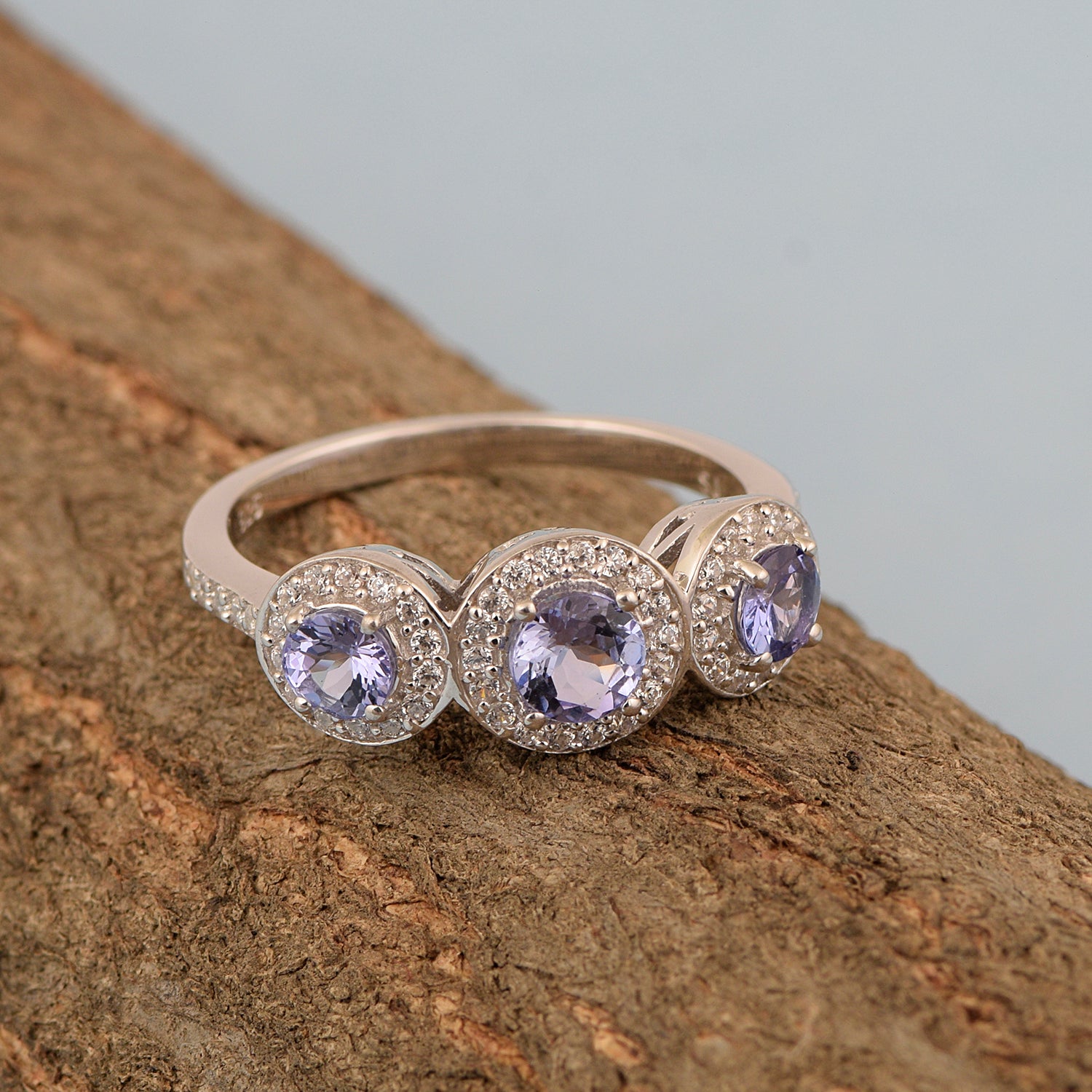 Tanzanite Three Stone Halo Ring -Sterling Silver