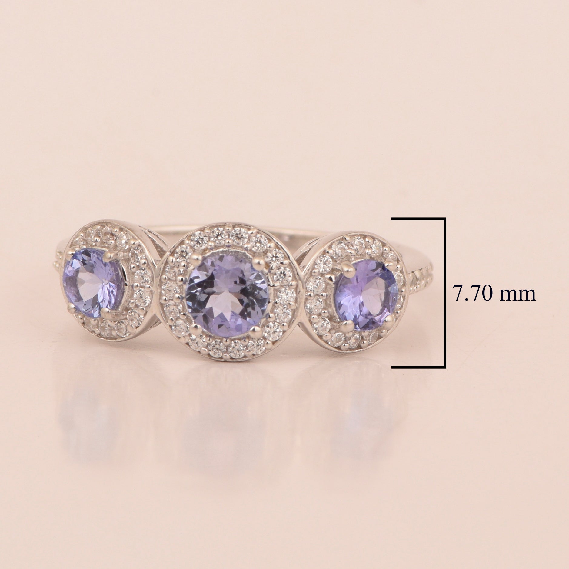 Tanzanite Three Stone Halo Ring -Sterling Silver
