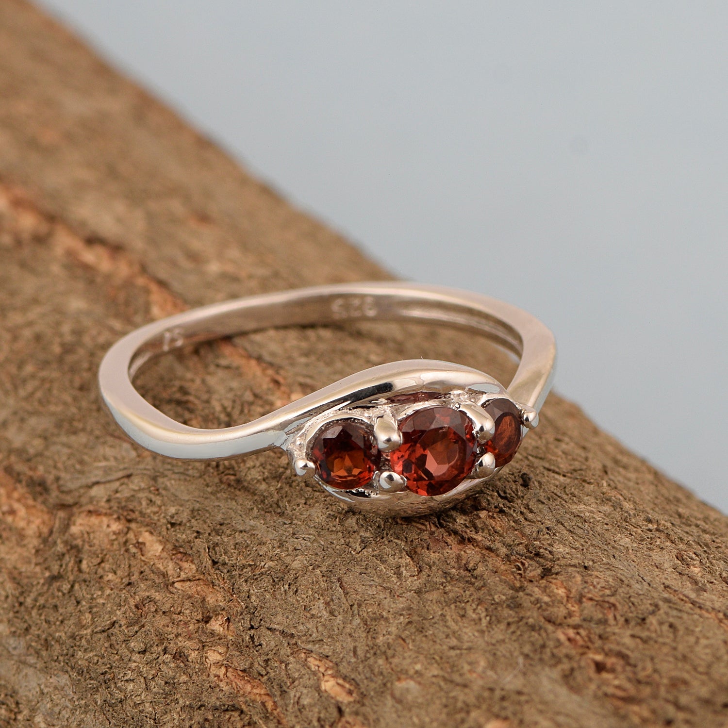 Garnet Three Stone Bypass Ring- Sterling Silver