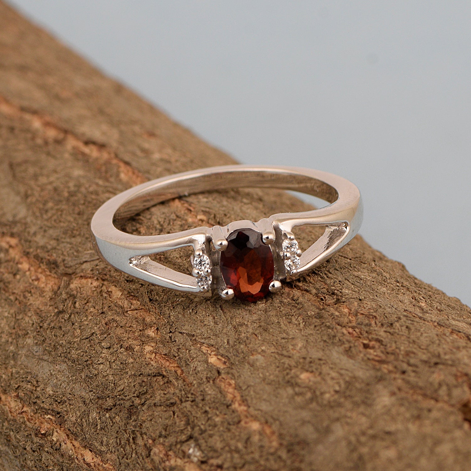 Garnet 6x4MM Oval Solitaire Ring - Sterling Silver