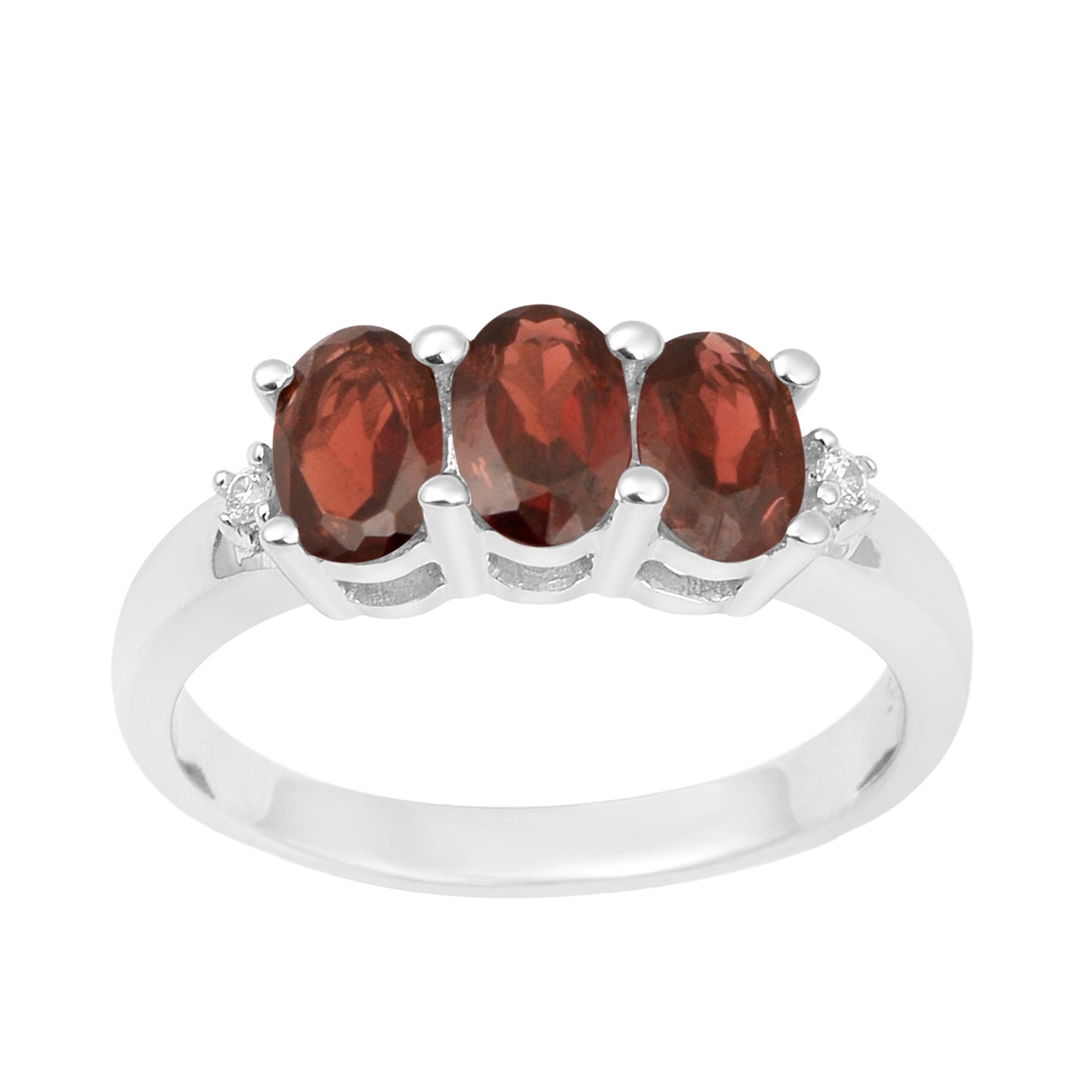 Garnet 6x4MM Oval Three-Stone Ring - Sterling Silver
