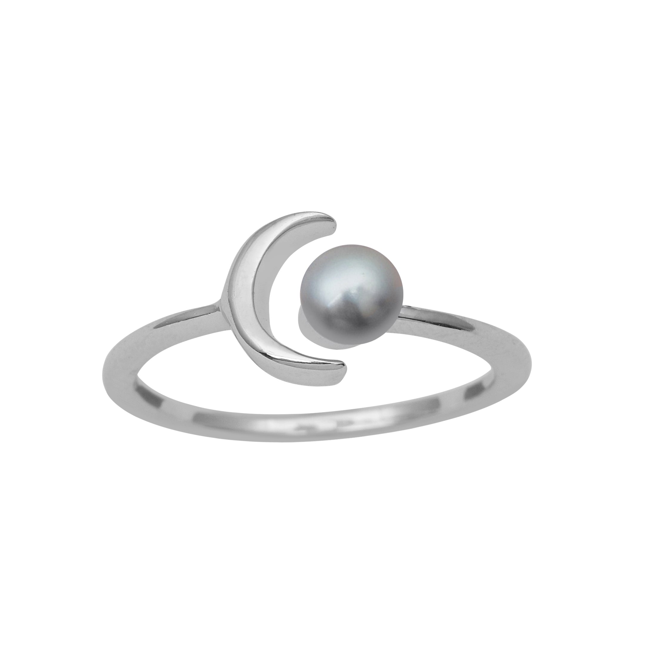 Crescent Moon and Pearl Open Ring - Sterling Silver