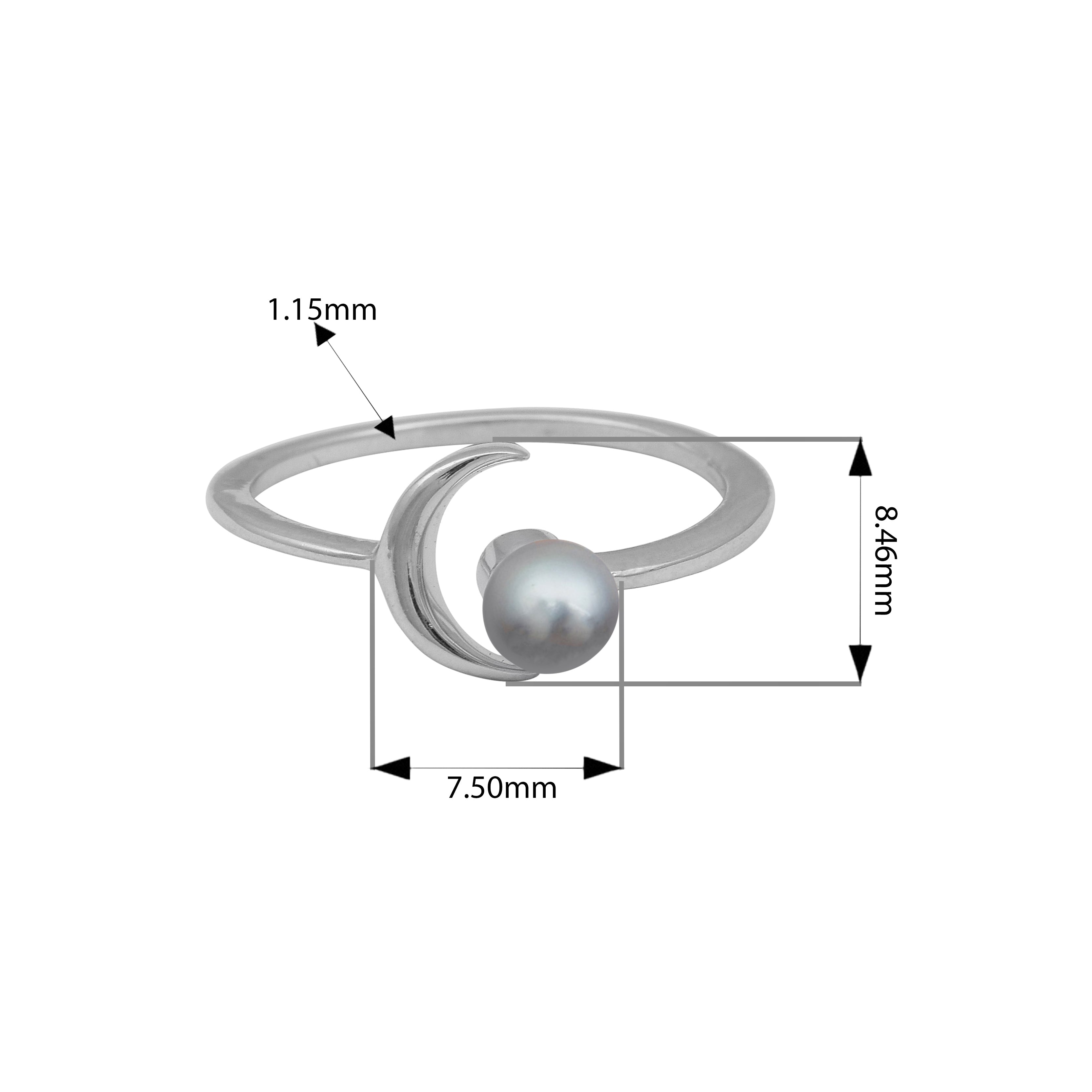 Crescent Moon and Pearl Open Ring - Sterling Silver