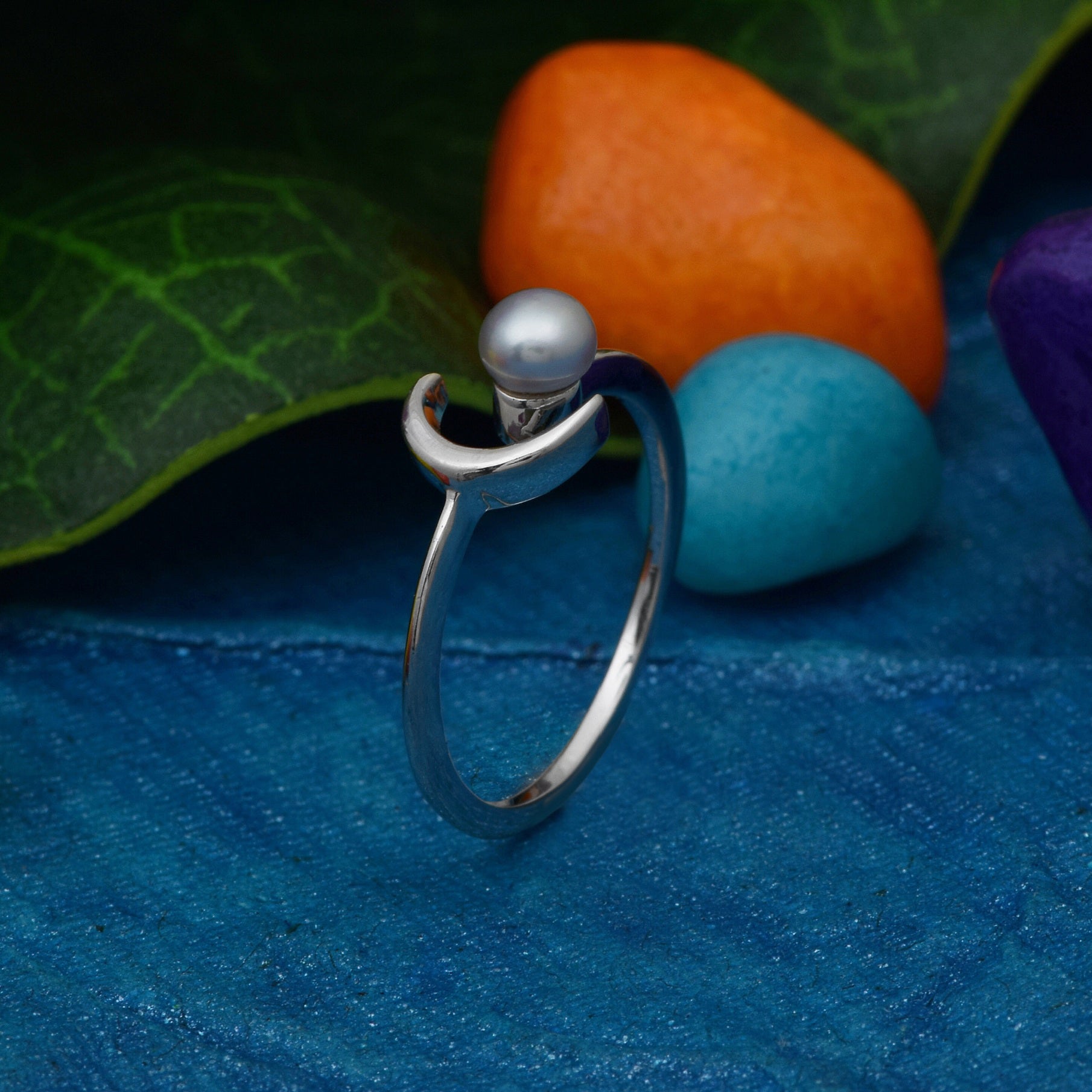 Crescent Moon and Pearl Open Ring - Sterling Silver