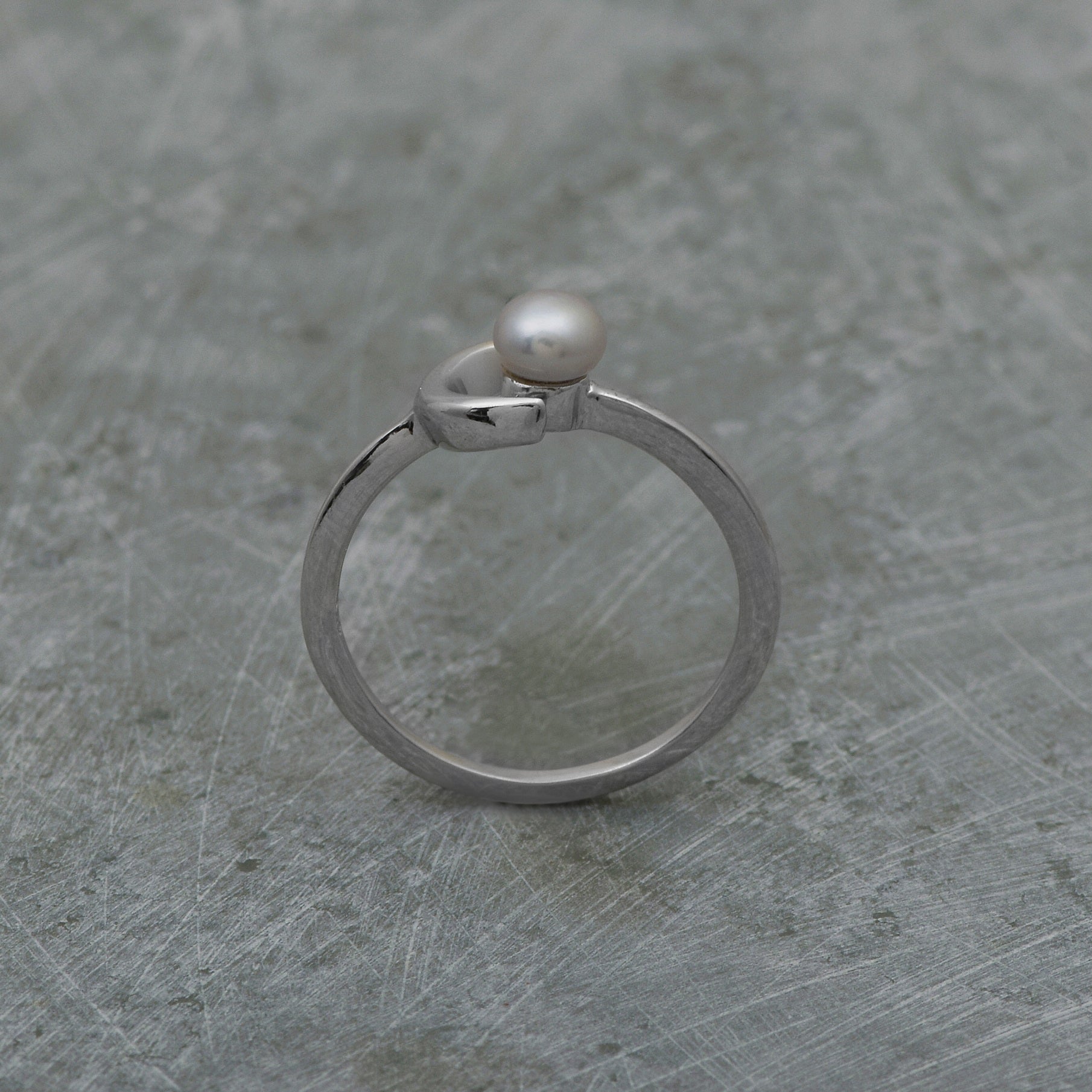 Crescent Moon and Pearl Open Ring - Sterling Silver