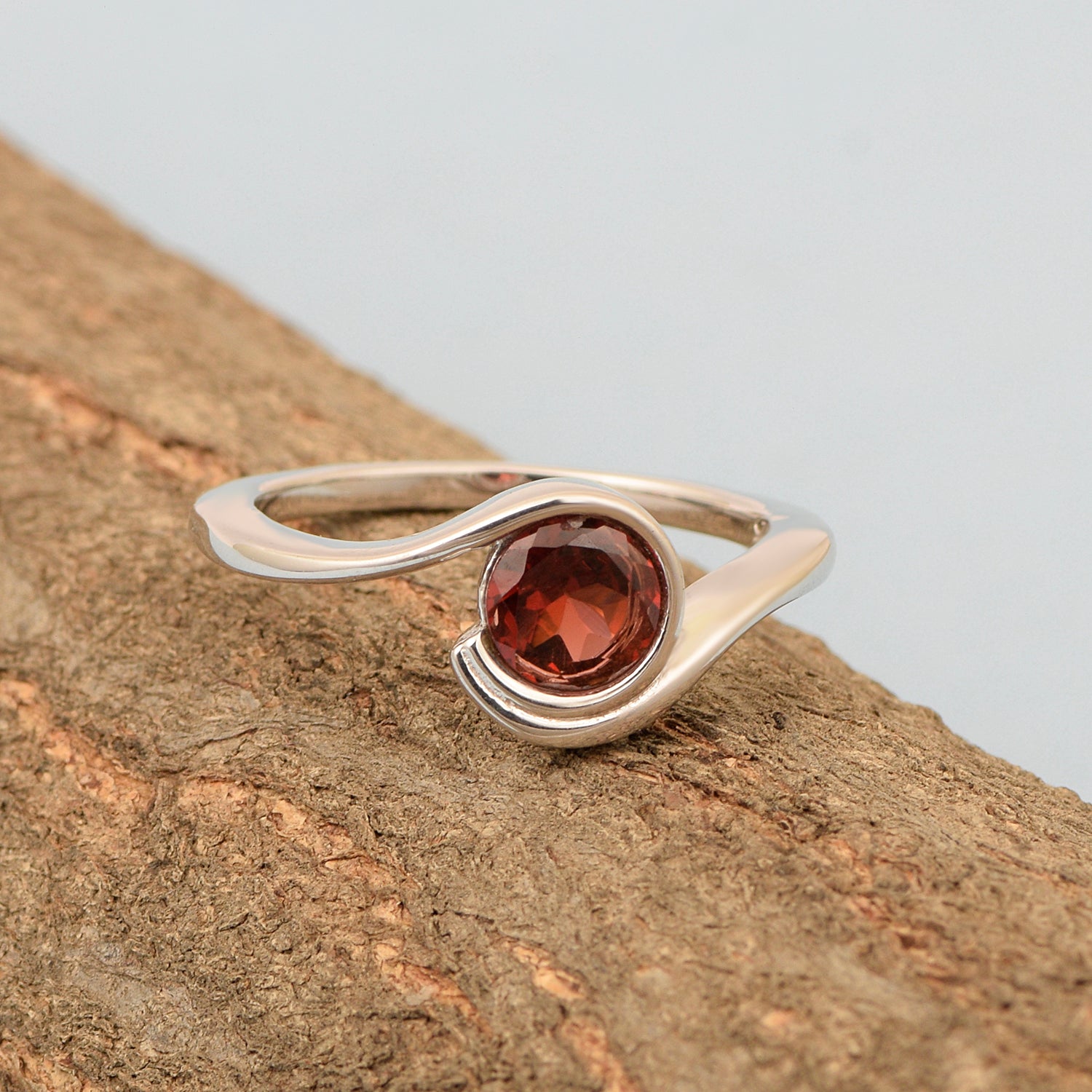 Garnet Round Solitaire Ring-Sterling Silver