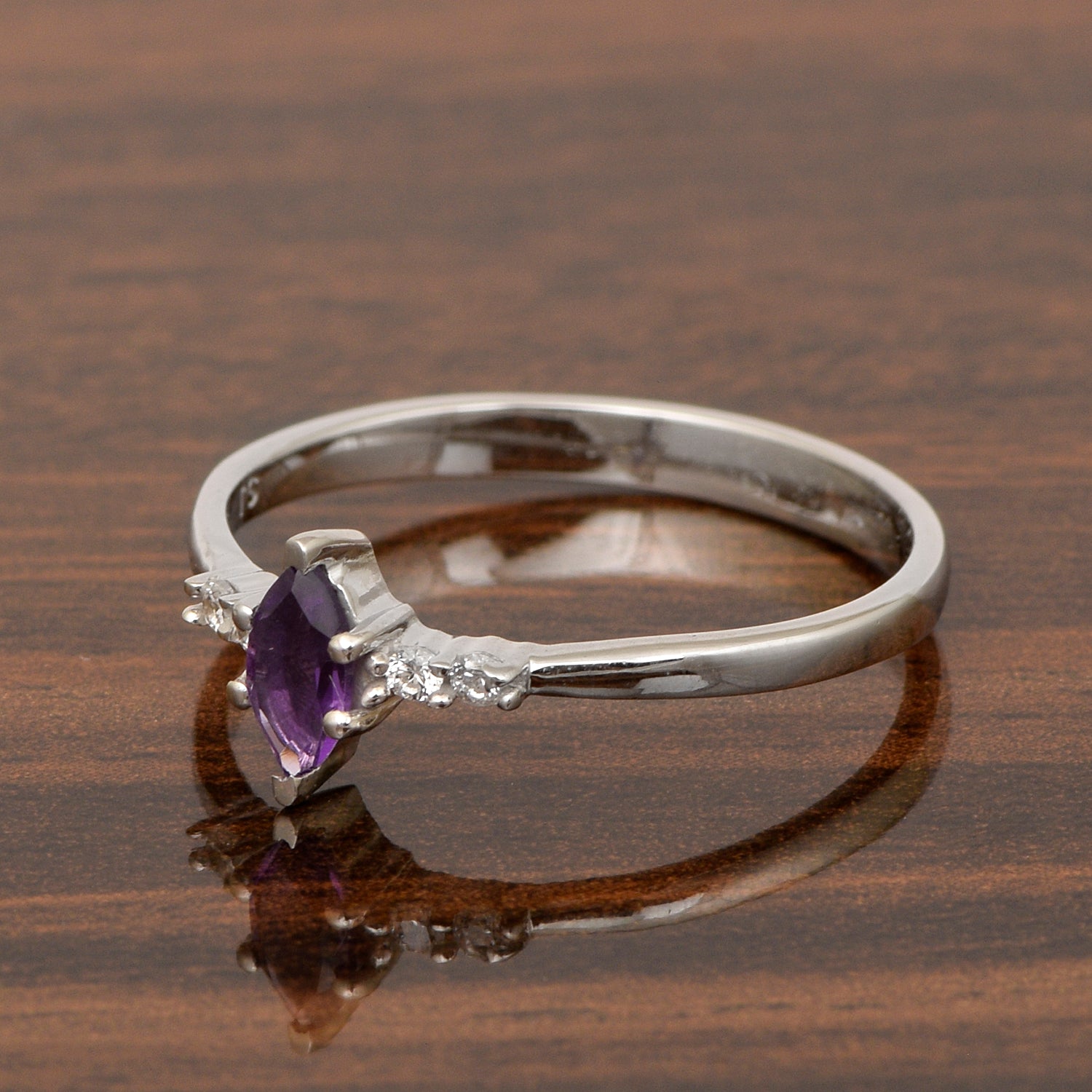 Amethyst Marquise Solitaire Accents Ring - Sterling Silver