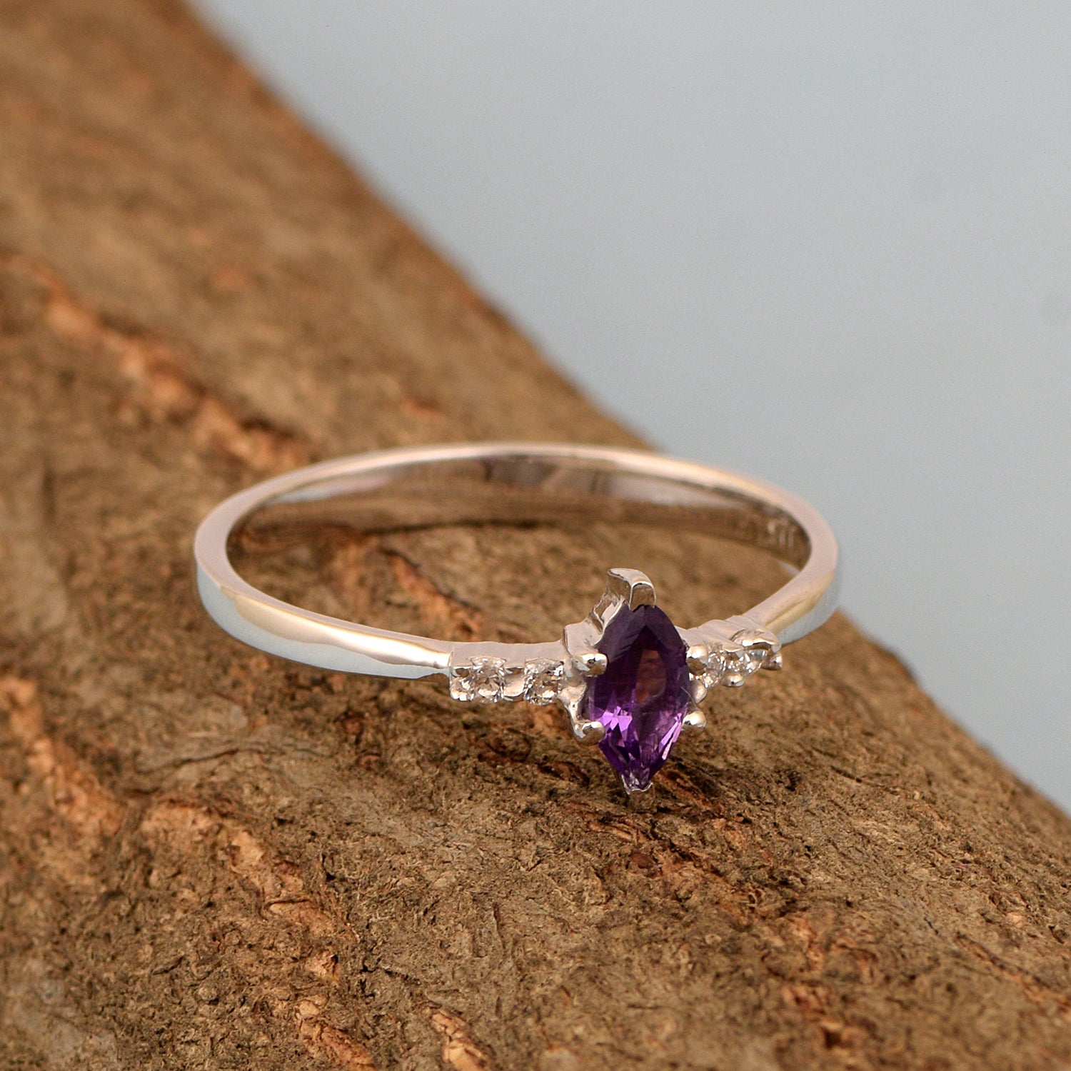 Amethyst Marquise Solitaire Accents Ring - Sterling Silver