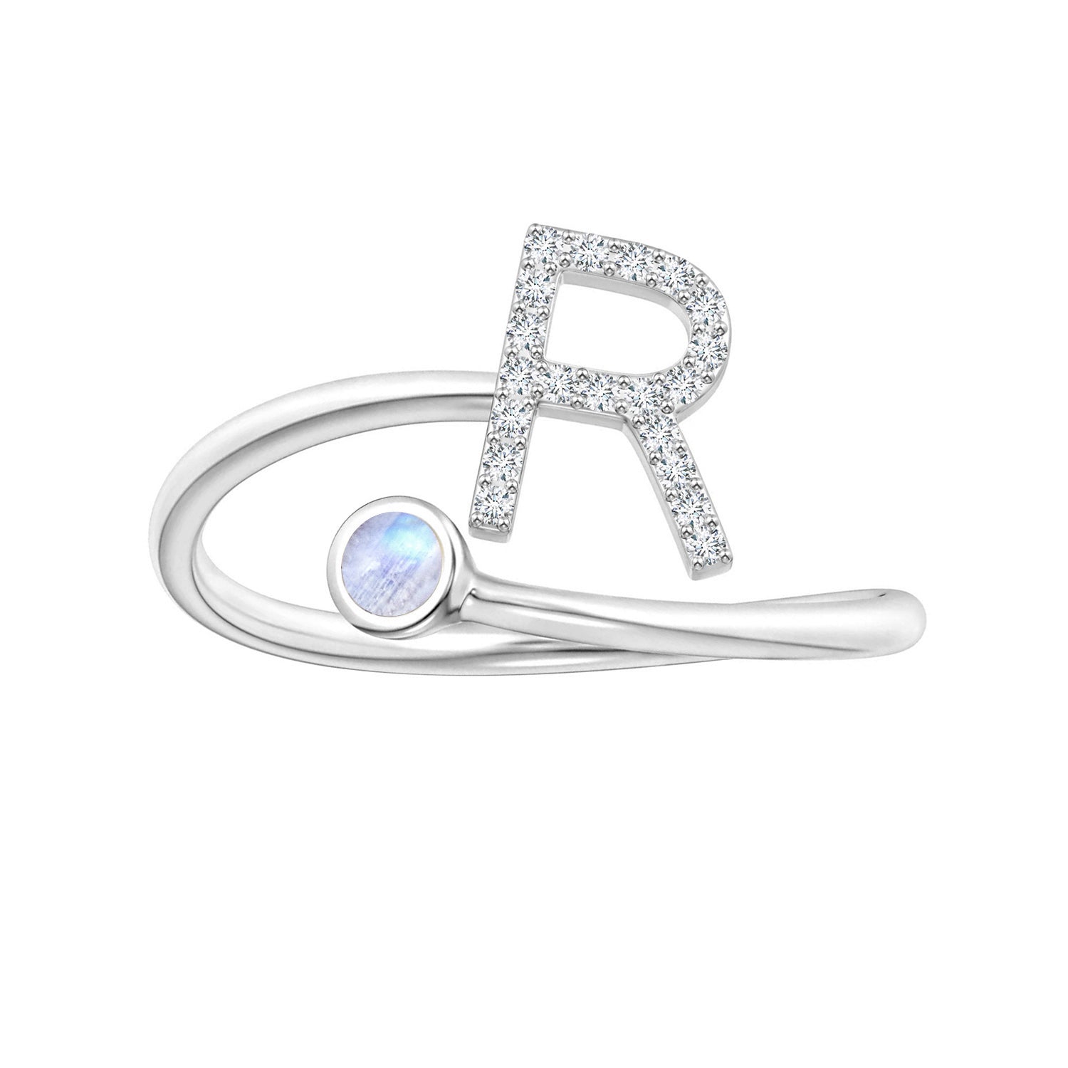 Anello con iniziali in pietra di luna arcobaleno