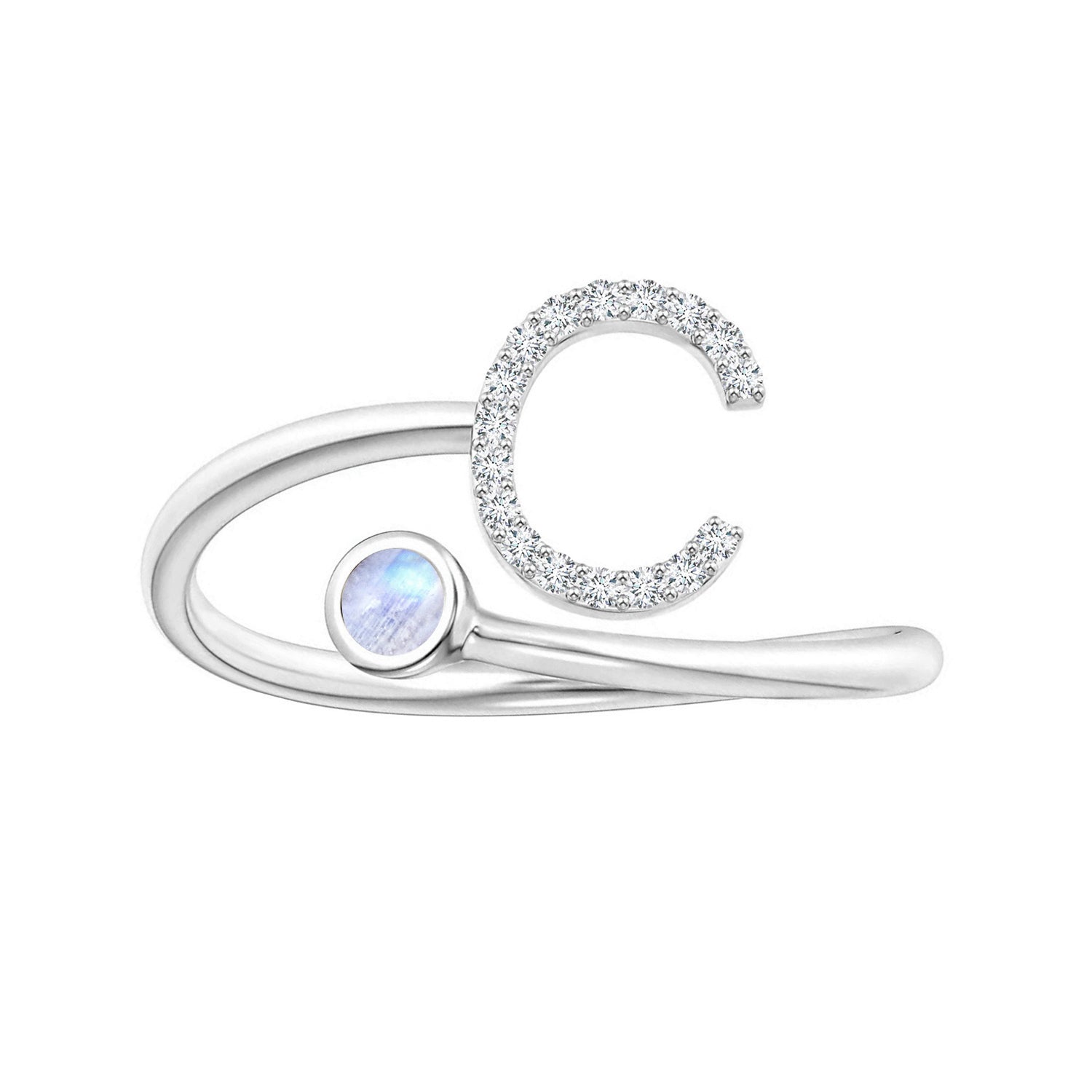 Anello con iniziali in pietra di luna arcobaleno