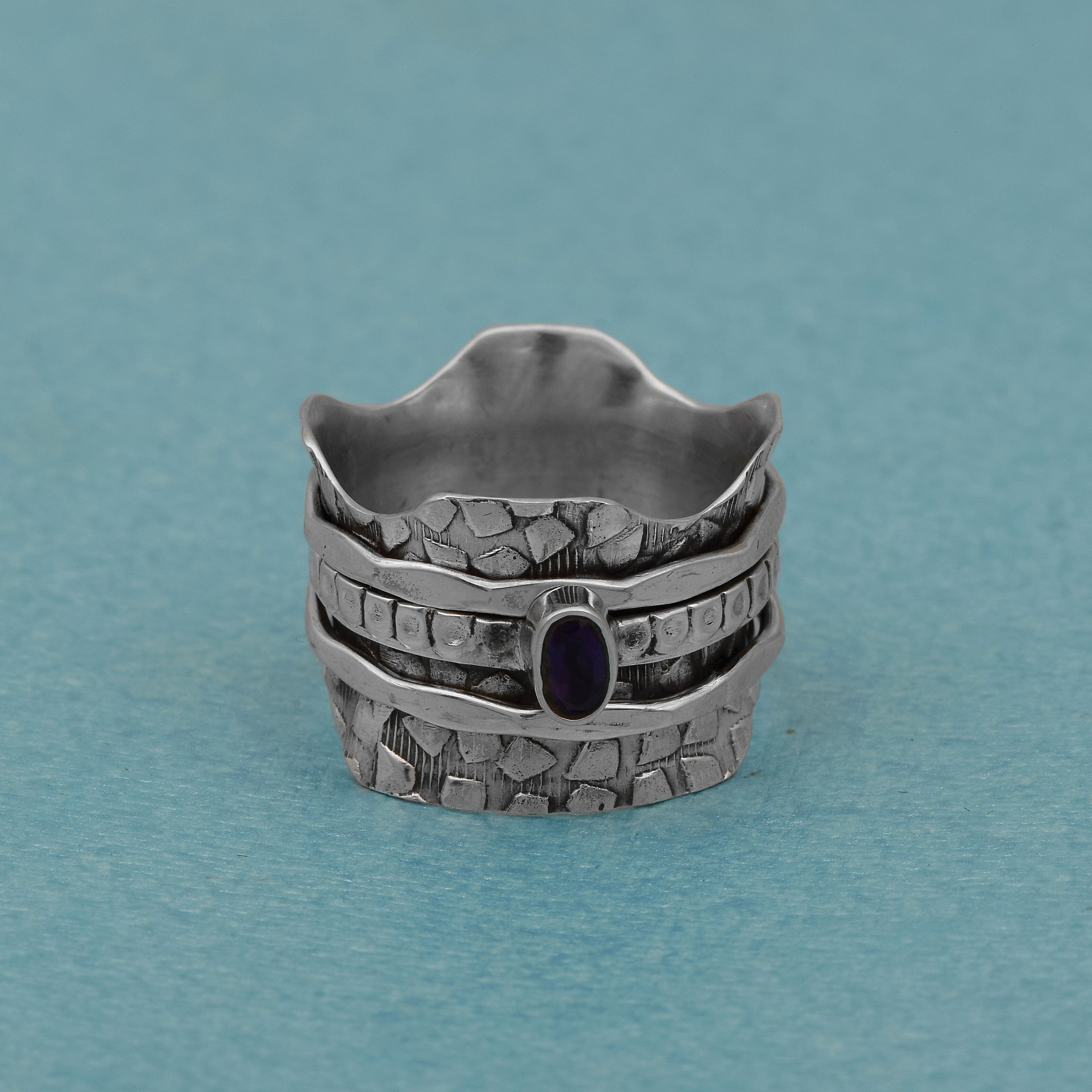 Amethyst Sculpted Edges & Textured Spinner Ring - Sterling Silver Rings SHINE JEWEL