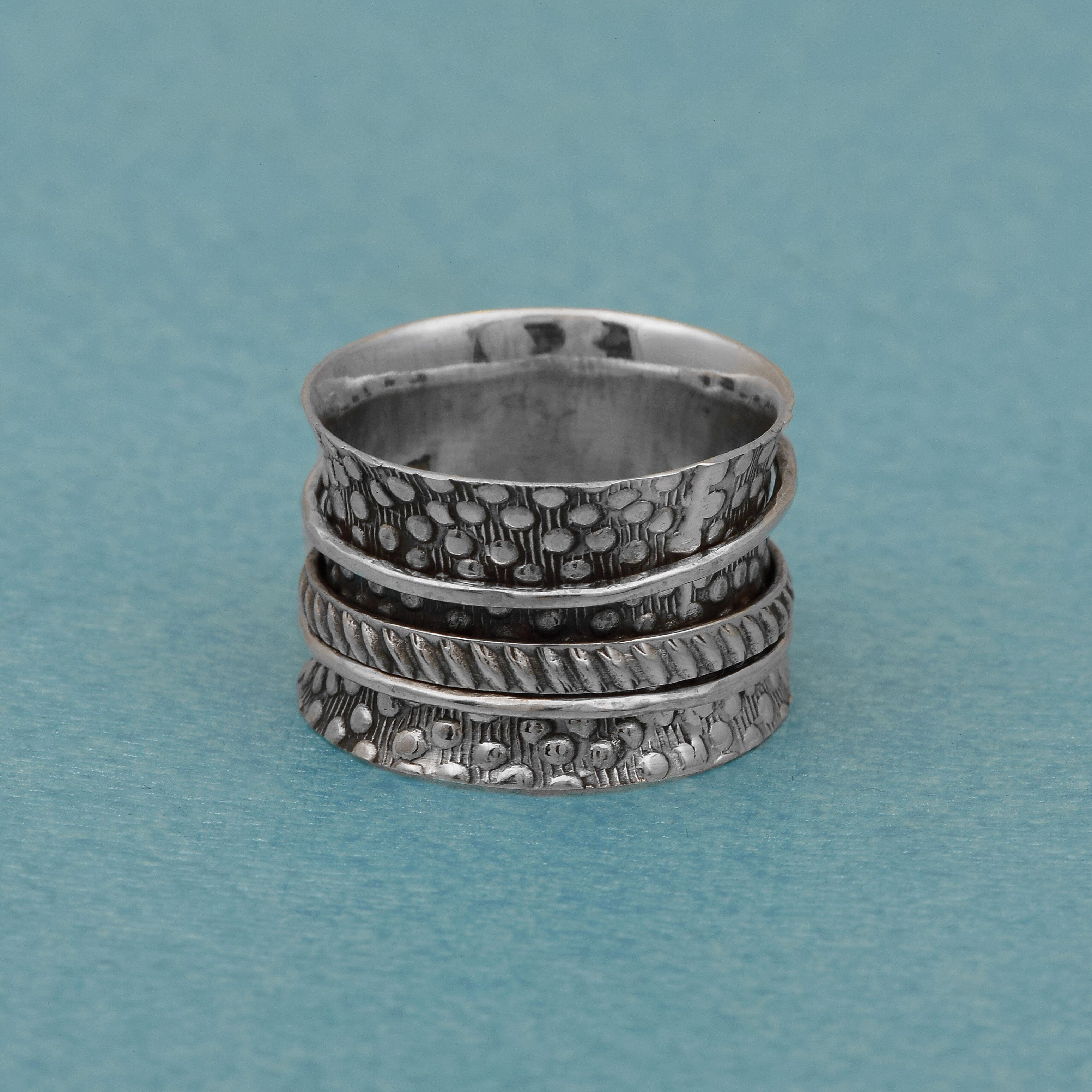 Dotted Texture Band with 3 Silver Spinner Ring - Sterling Silver Rings SHINE JEWEL