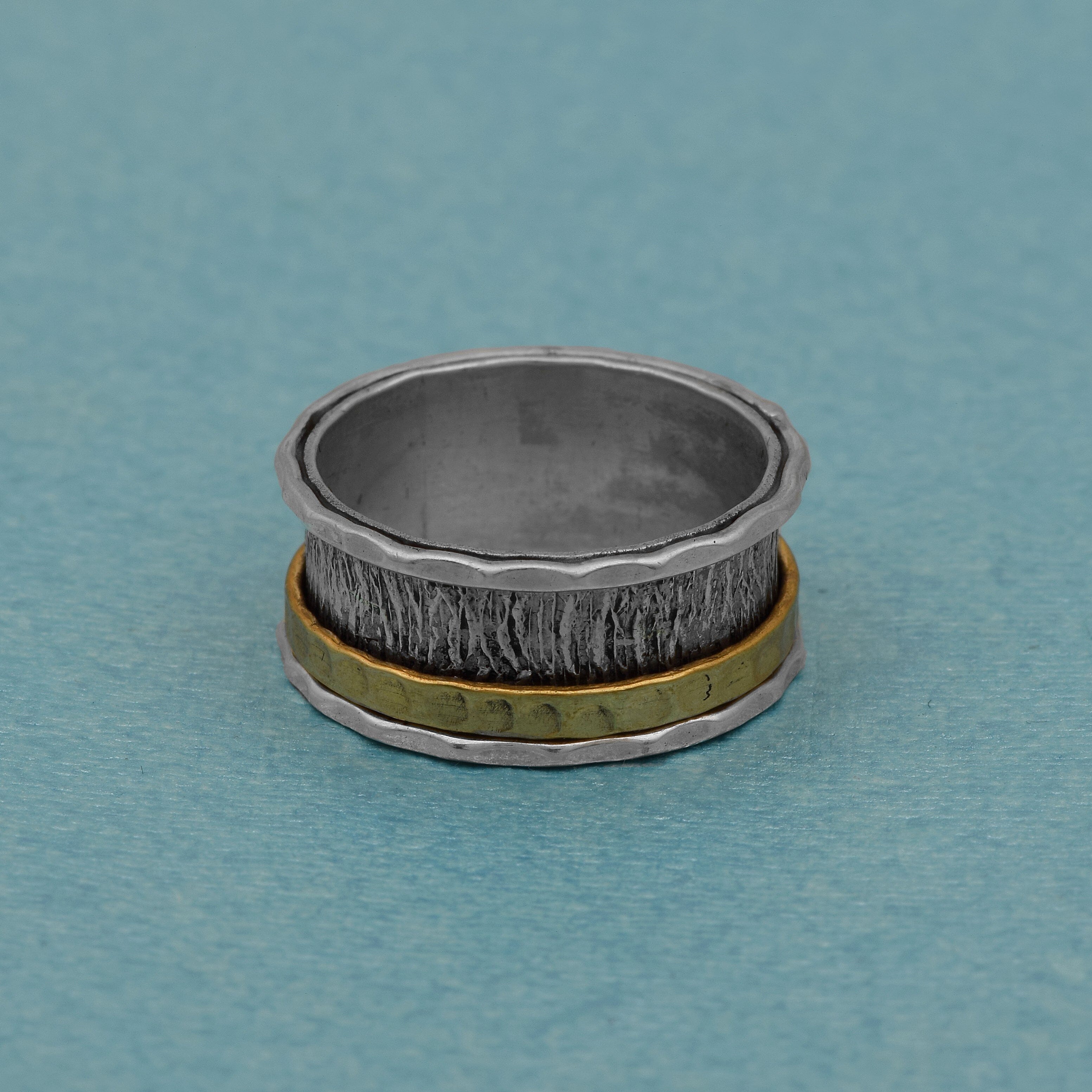 Gold-Tone Silver Textured Spinner Ring - Sterling Silver Rings SHINE JEWEL