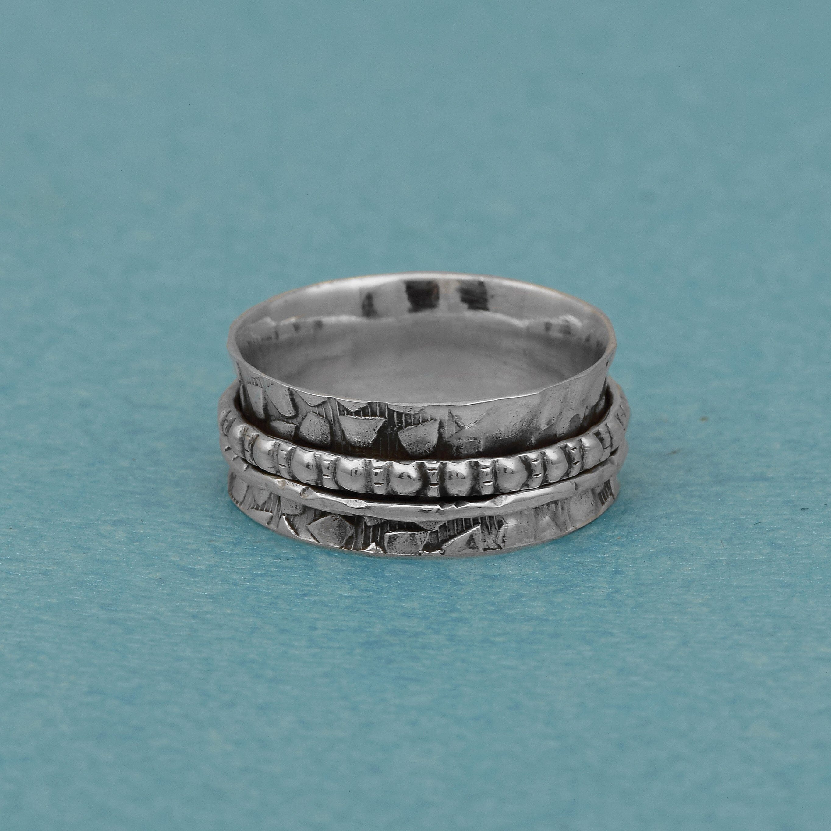 Hammered Texture with Beaded Spinner Ring - Sterling Silver Rings SHINE JEWEL