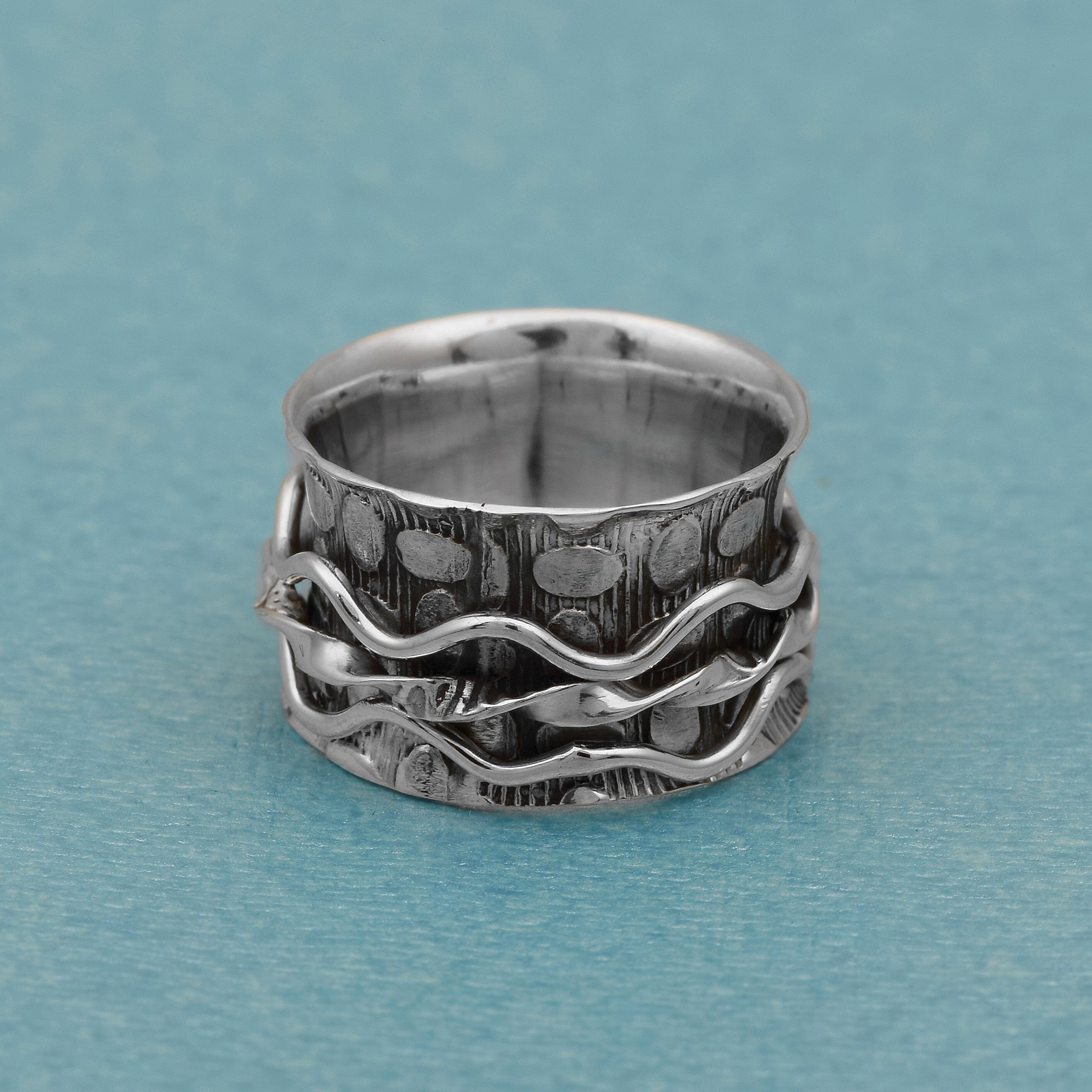 Wavy Spinner Design Ring - Sterling Silver Oxidized Plated Rings SHINE JEWEL