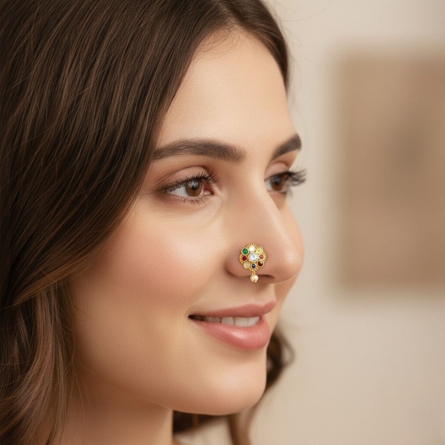 Navratna Round Floral with Pearl Drop Nose Pin – Sterling Silver Gold Plated