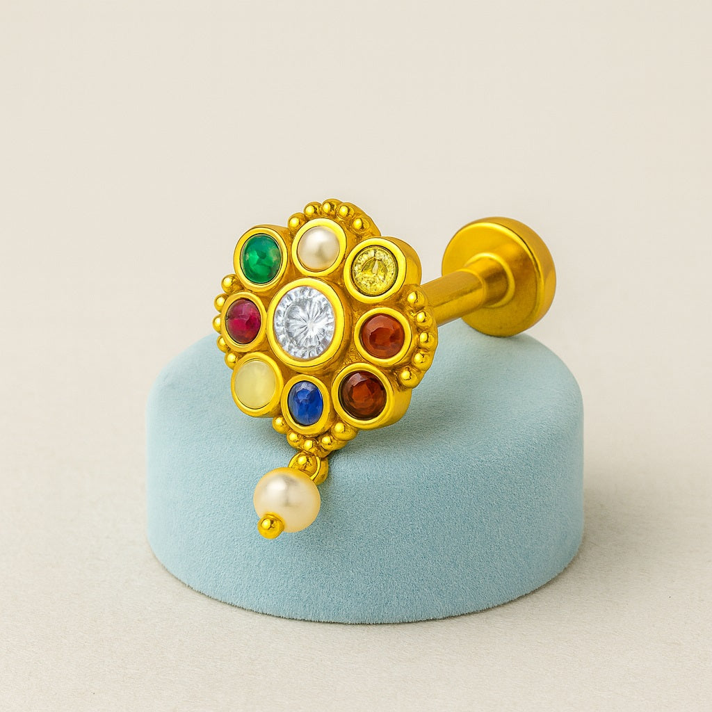 Navratna Round Floral with Pearl Drop Nose Pin – Sterling Silver Gold Plated