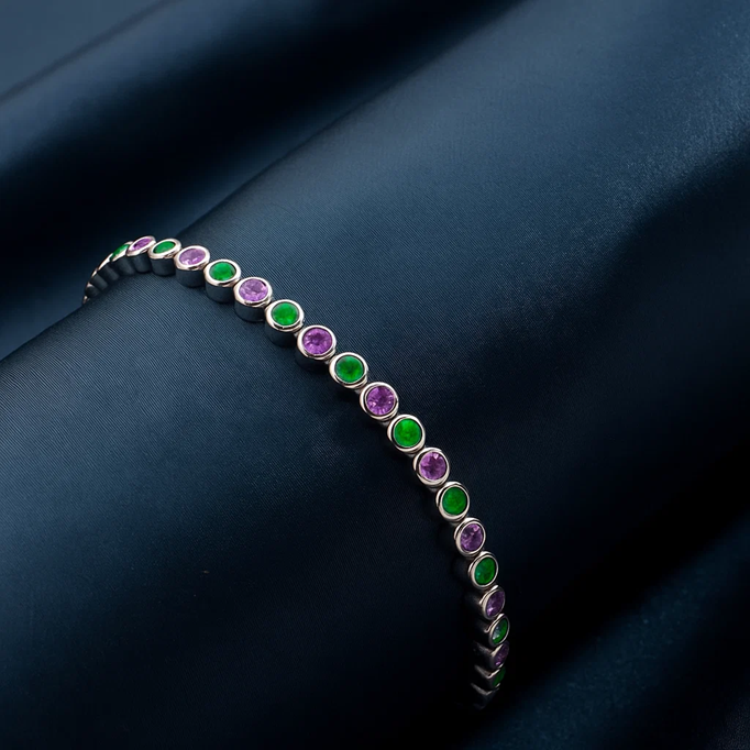 3MM Round Amethyst & Emerald Bracelet - Sterling Silver