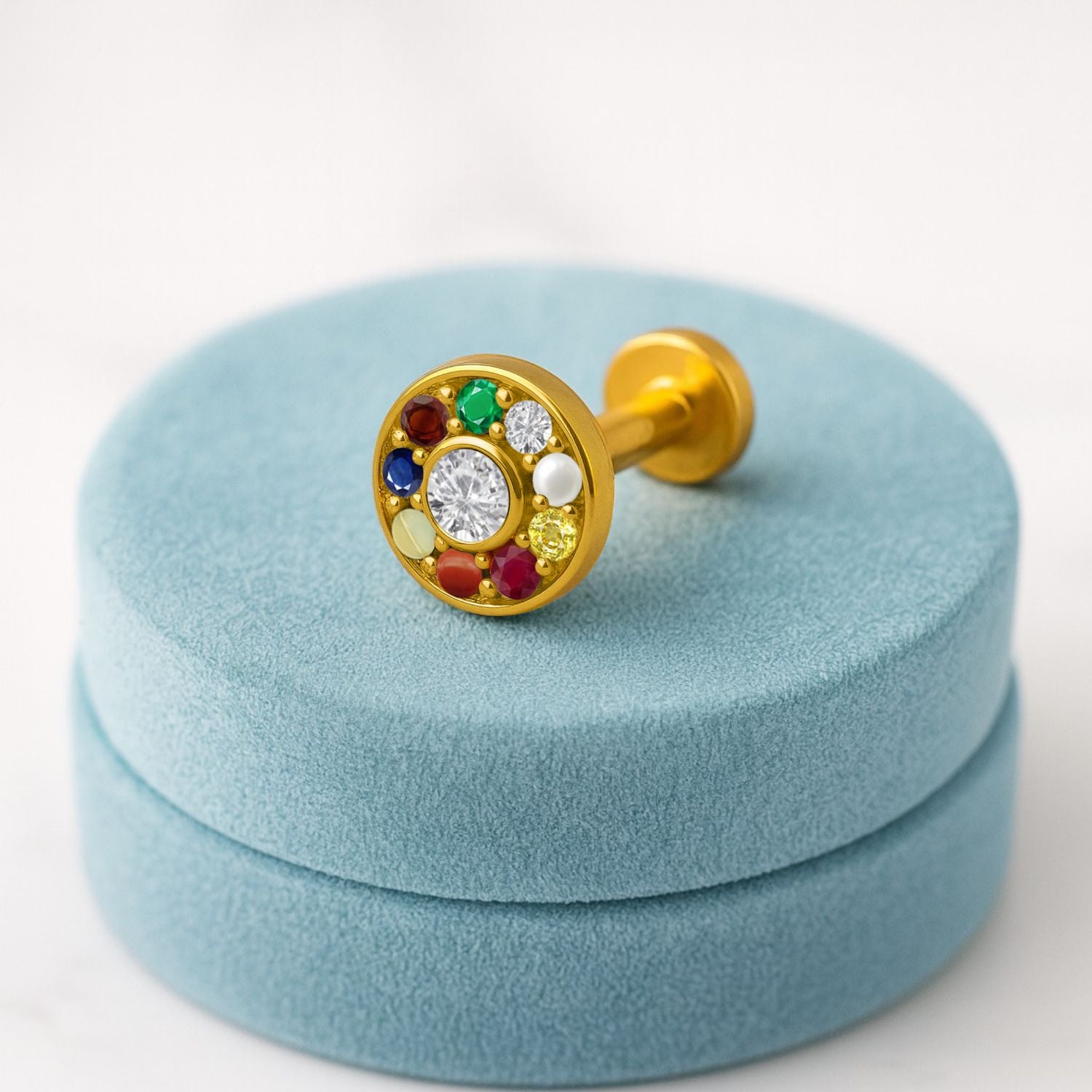 Navratna Classic Round Multi Gemstone Nose Pin – Sterling Silver Gold Plated