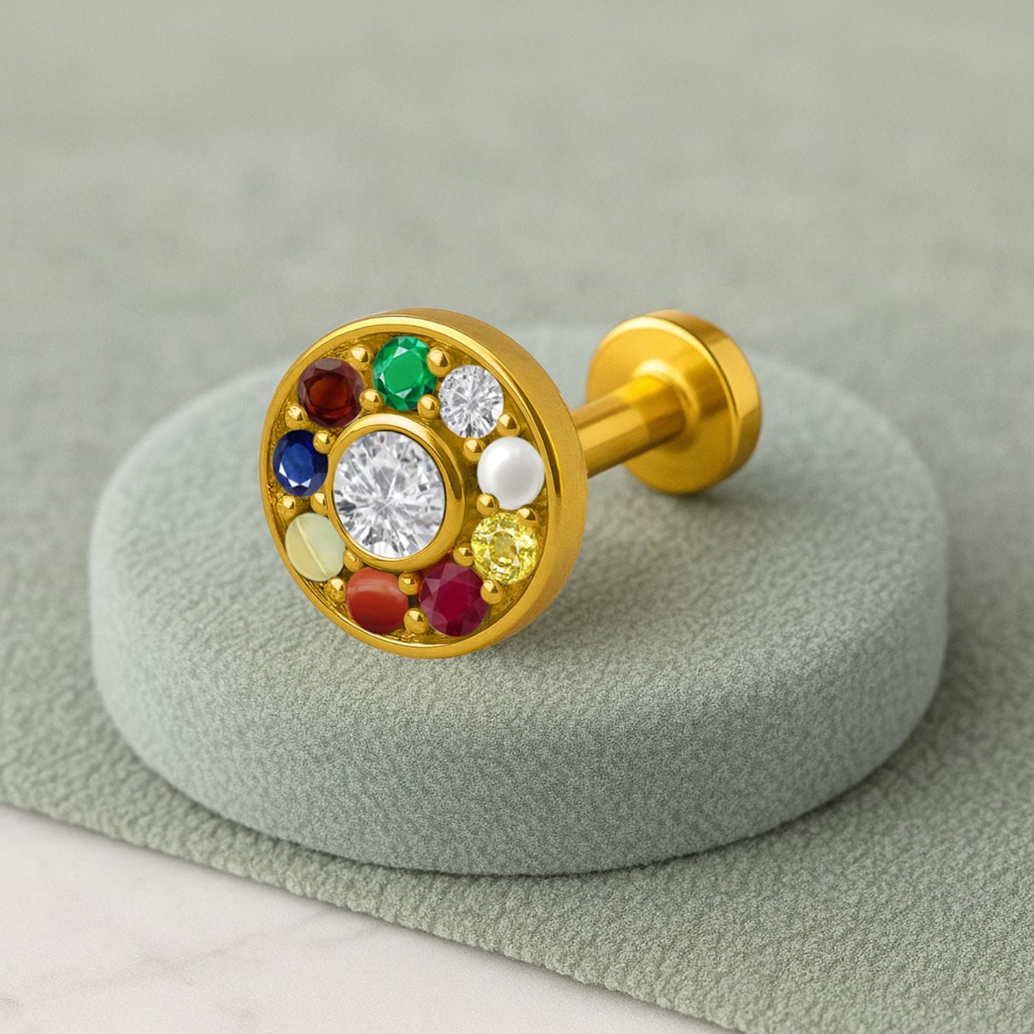 Navratna Classic Round Multi Gemstone Nose Pin – Sterling Silver Gold Plated