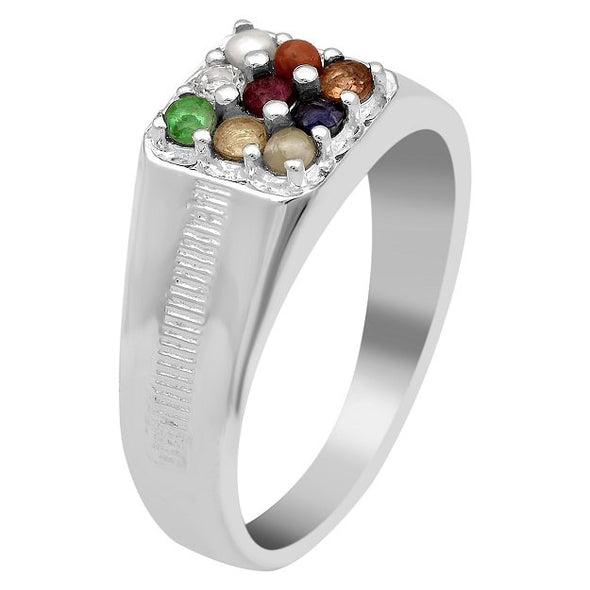 Round Shape 925 Silver Navratna Nine Gemstone Ring (Size IND 19)