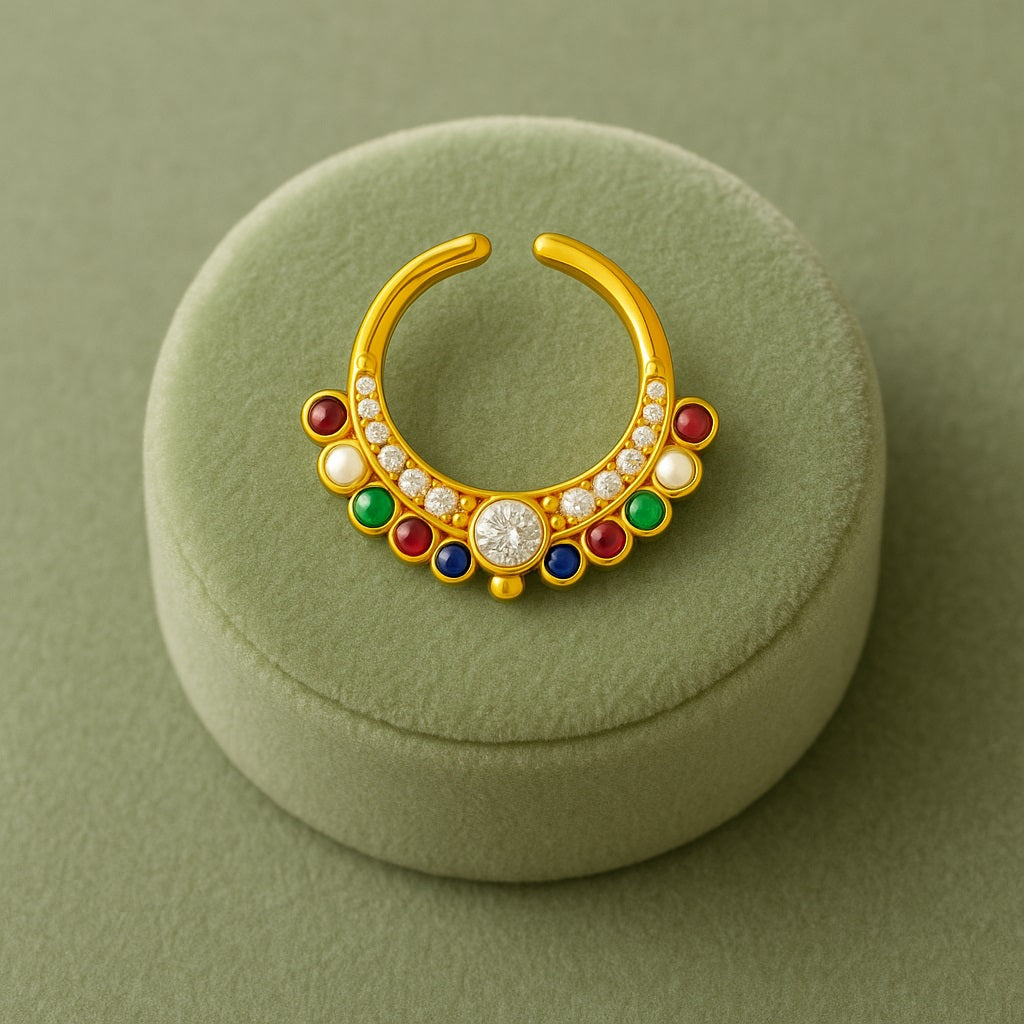 Navratna Multi Gemstone Crescent Design Septum Nose Pin – Sterling Silver Gold Plated