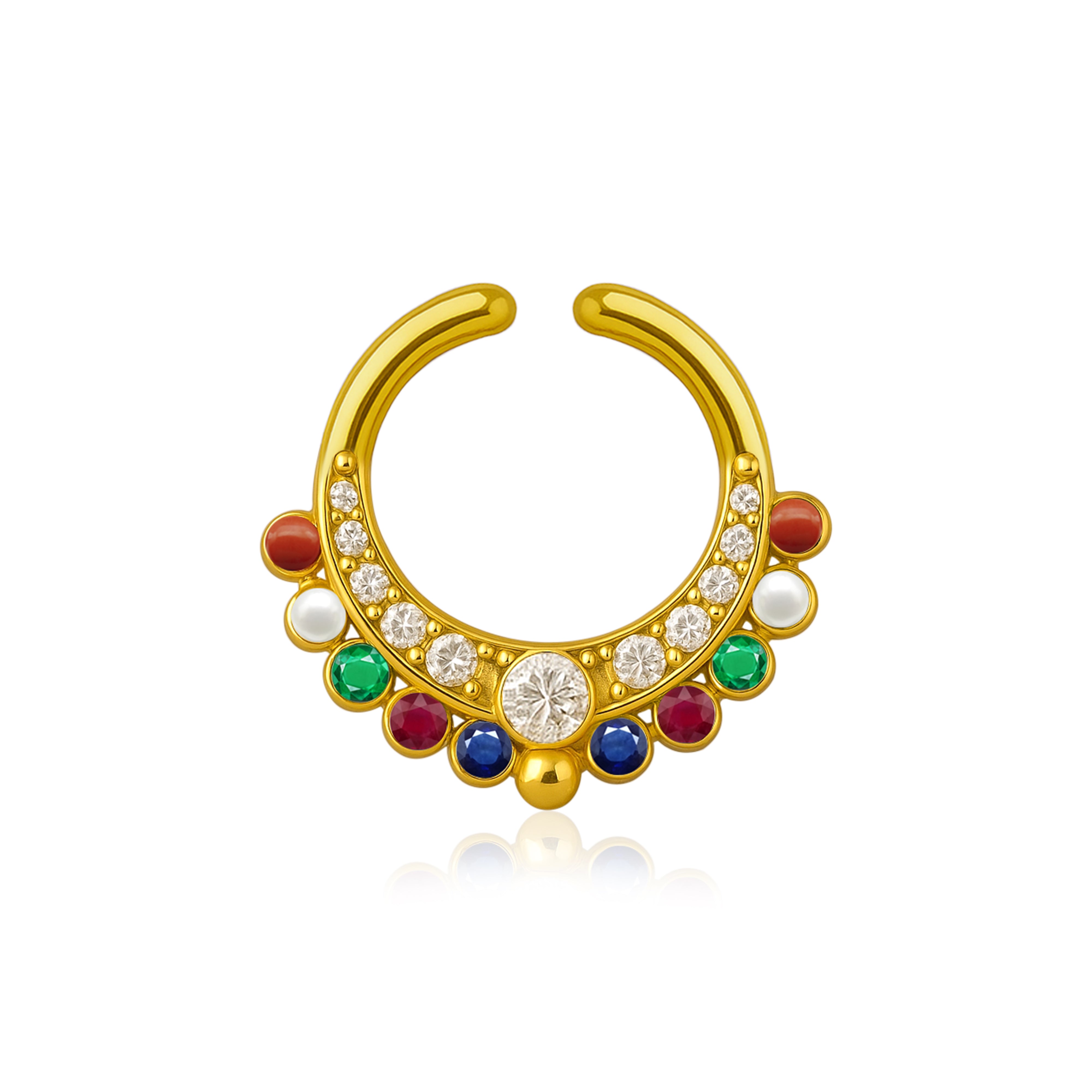 Navratna Multi Gemstone Crescent Design Septum Nose Pin – Sterling Silver Gold Plated