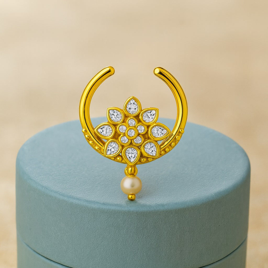 White CZ Floral with Pearl Drop Septum Nose Pin – Sterling Silver Gold Plated