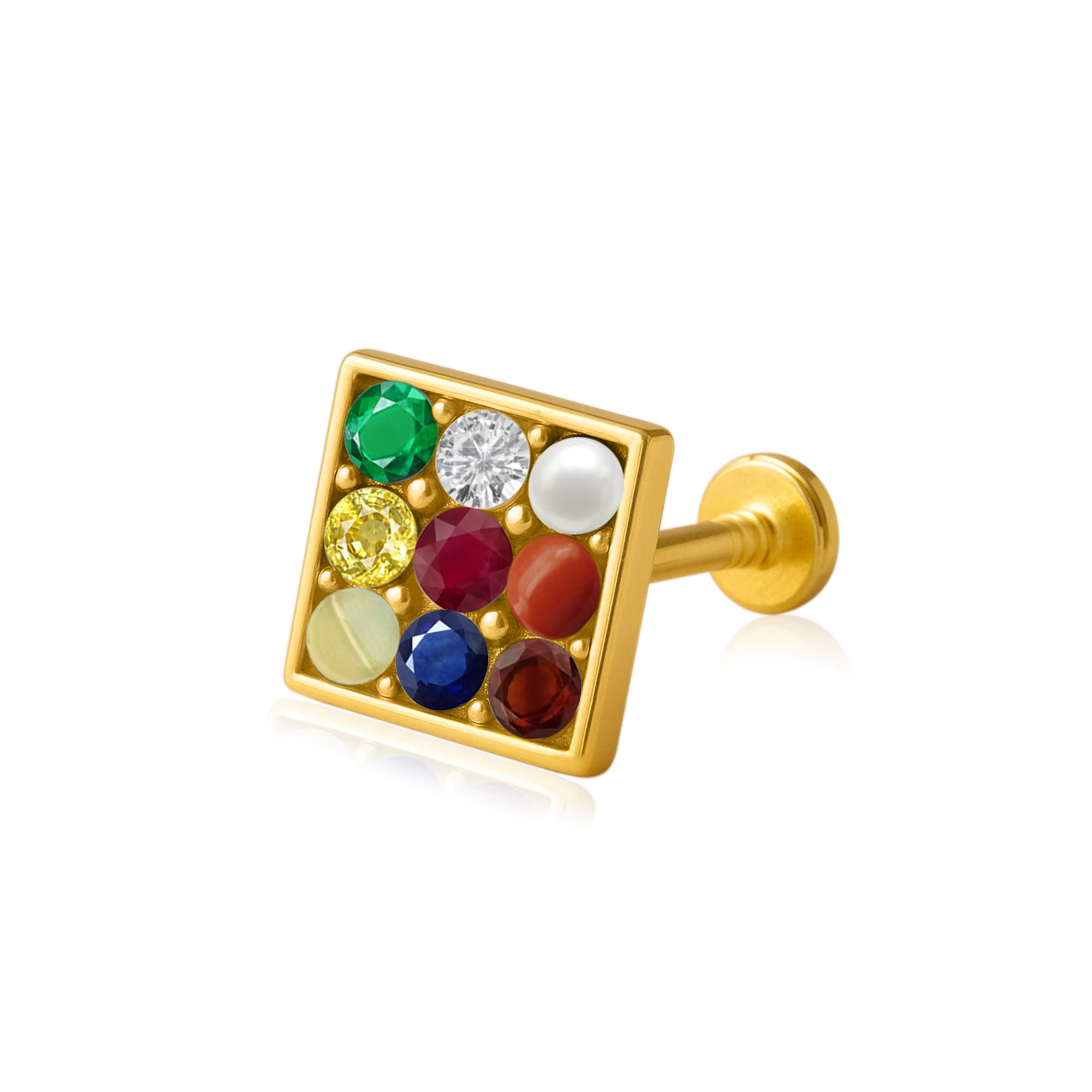 Navratna Square Multigem Nose Pin – Sterling Silver Gold Plated