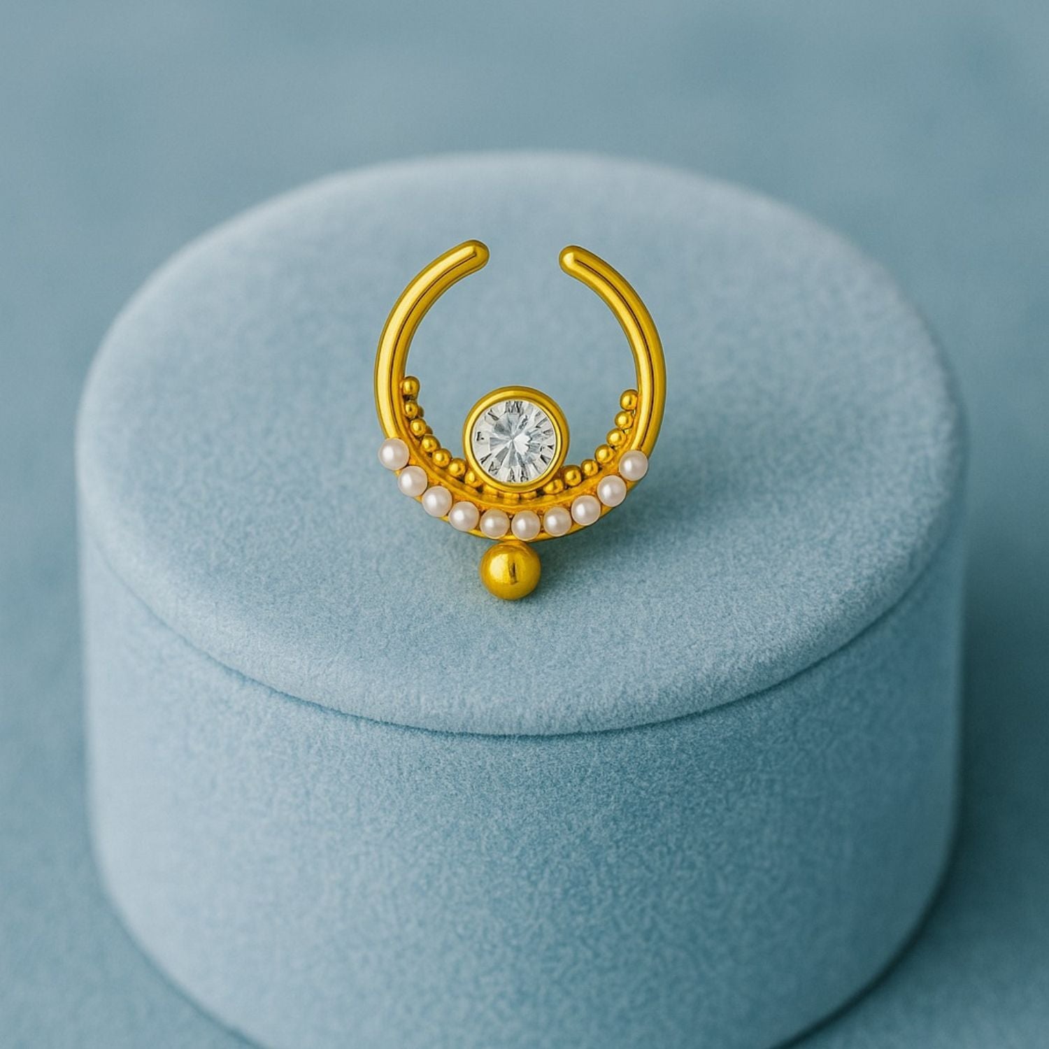 White CZ & Pearl Crescent Design Septum Nose Pin – Sterling Silver Gold Plated