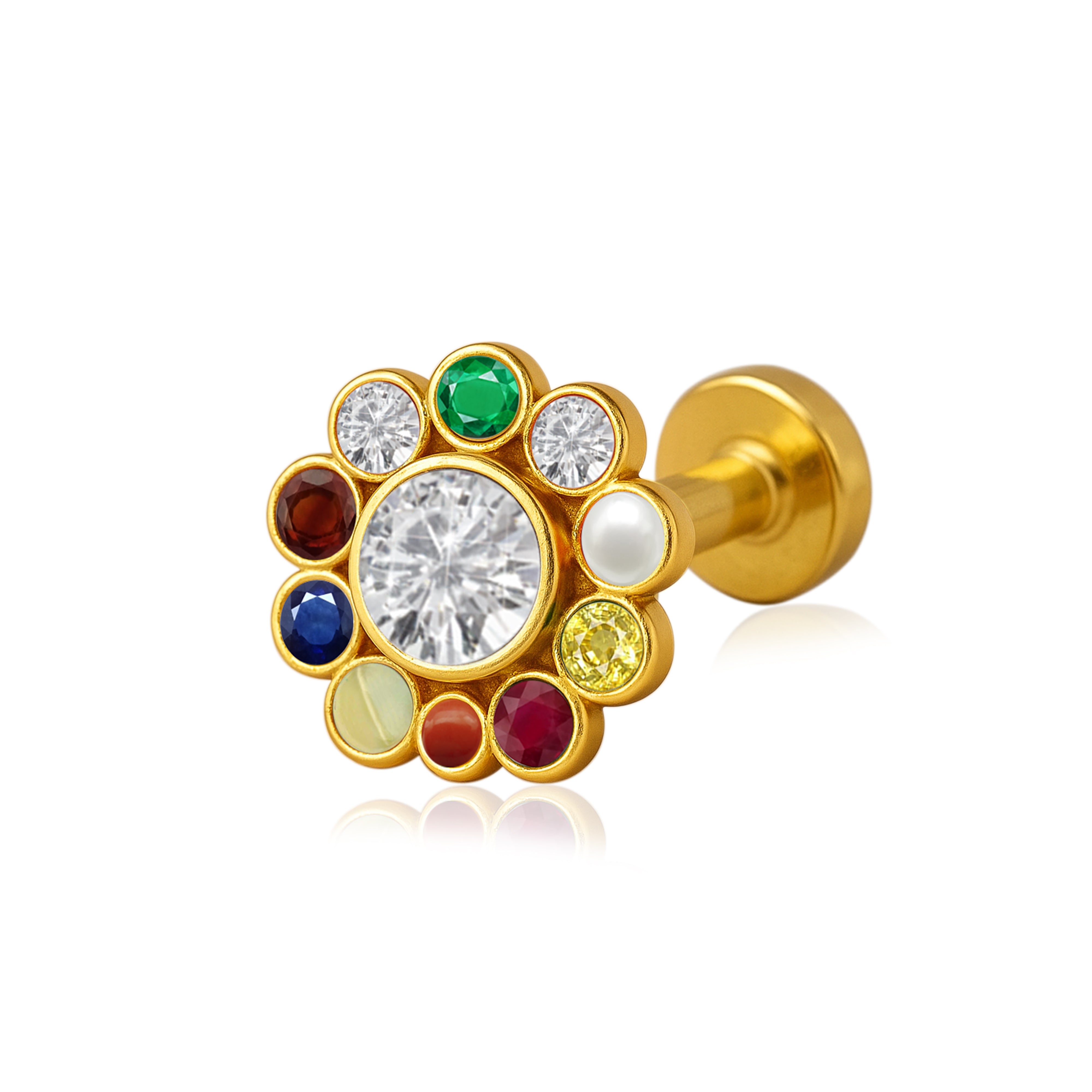 Navratna Floral Round Multigem Nose Pin – Sterling Silver Gold Plated
