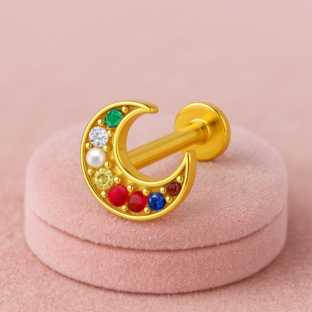 Navratna Crescent Moon Multigems Nose Pin – Sterling Silver Gold Plated