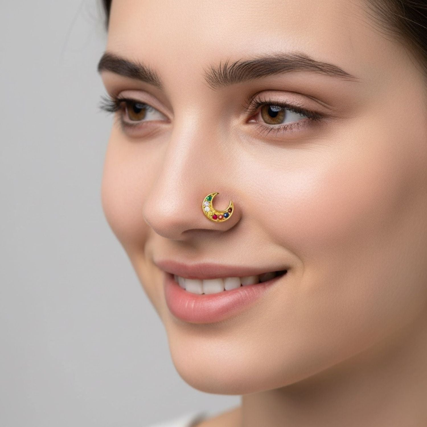 Navratna Crescent Moon Multigems Nose Pin – Sterling Silver Gold Plated
