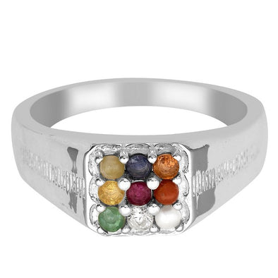 Round Shape 925 Silver Navratna Nine Gemstone Ring (Size IND 19)