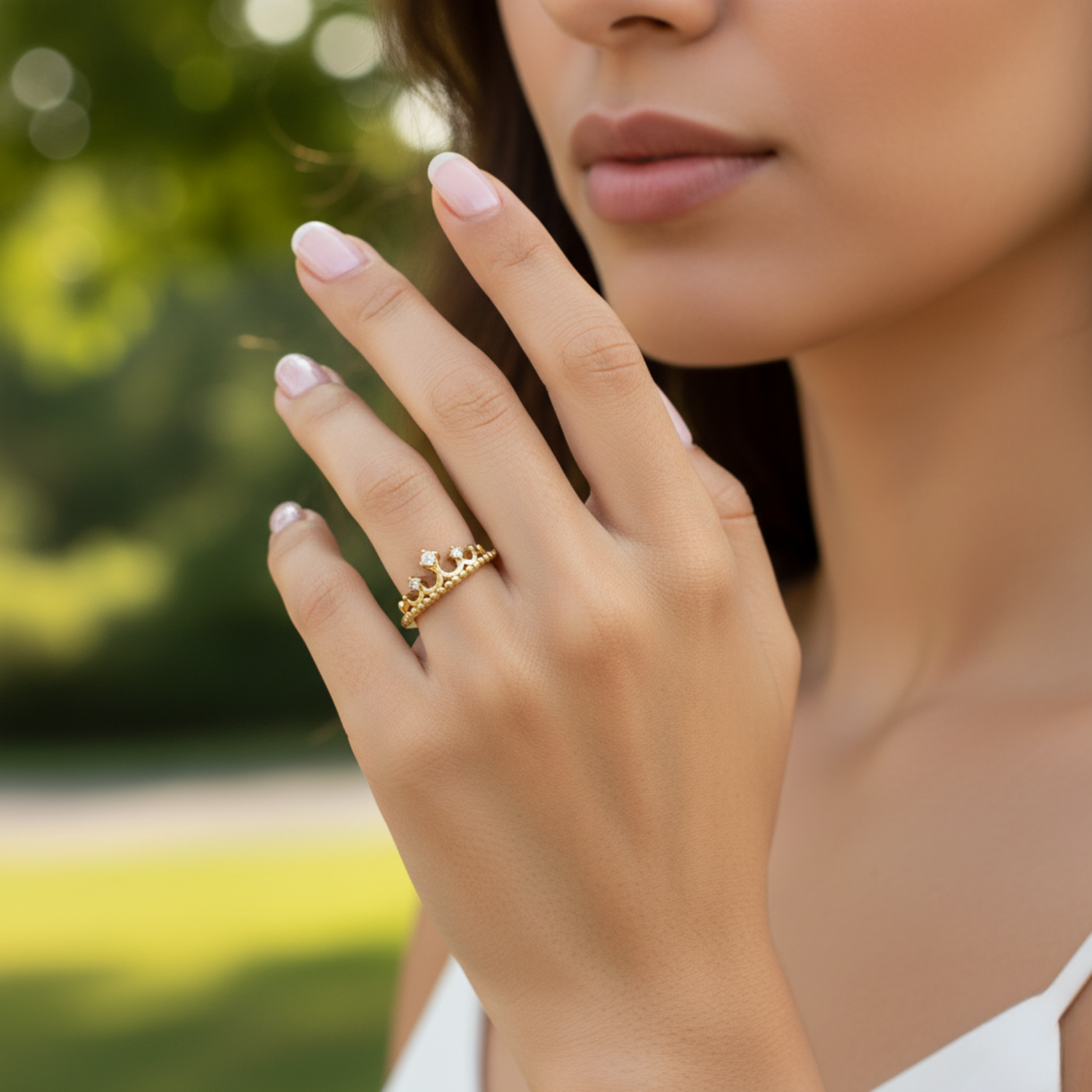 Moissanite Crown Beaded Band Ring – Sterling Silver