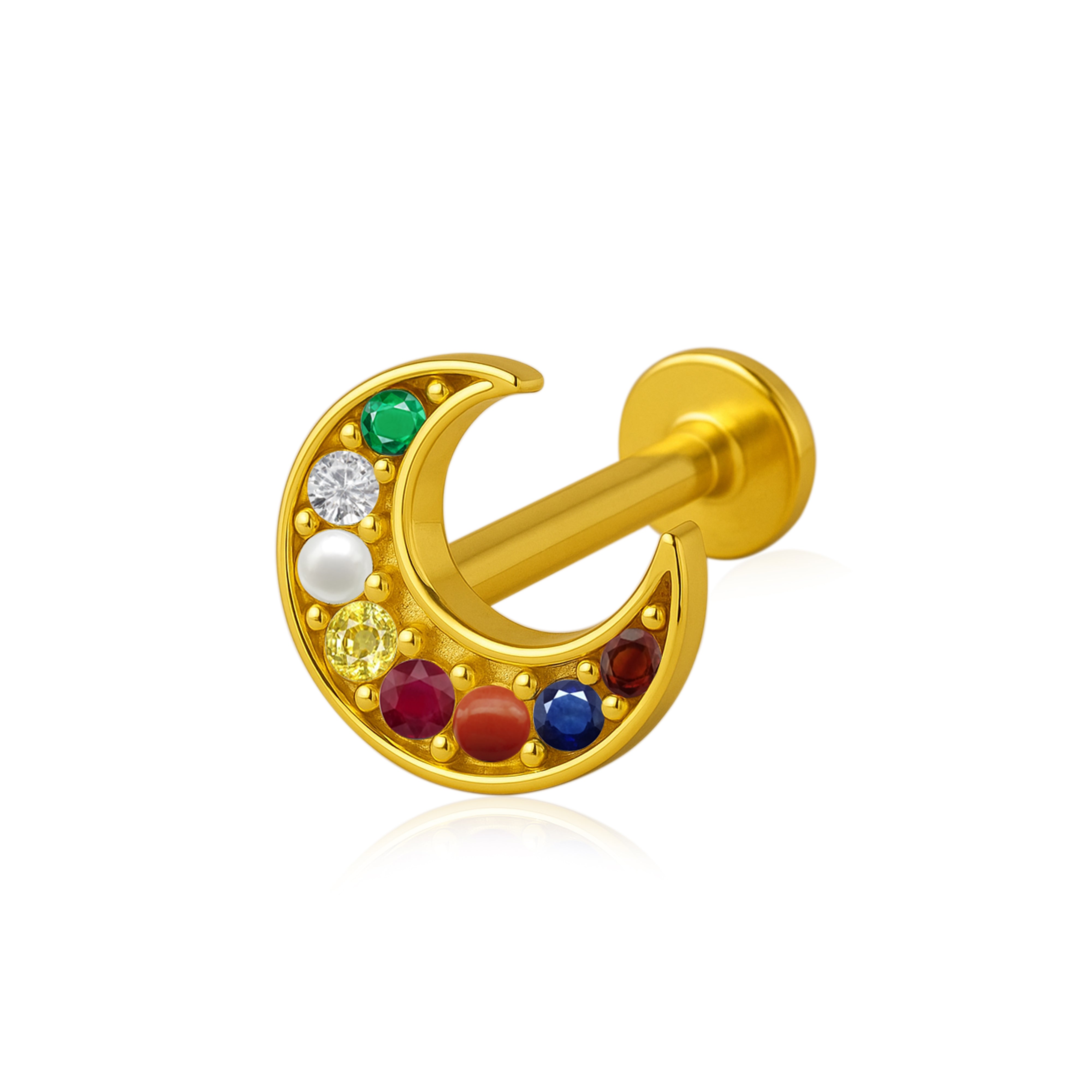Navratna Crescent Moon Multigems Nose Pin – Sterling Silver Gold Plated