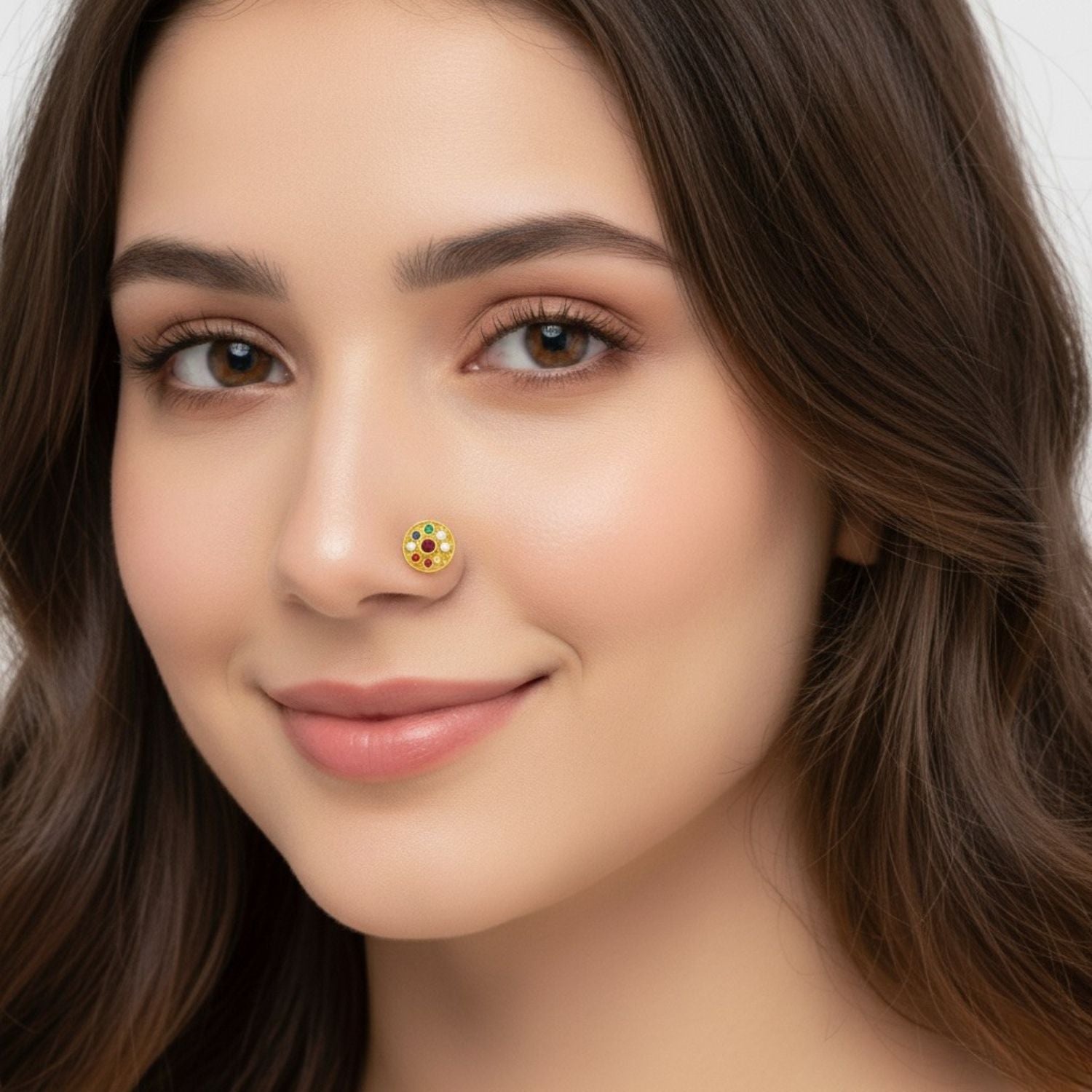 Navratna Round Mandala Multigems Nose Pin – Sterling Silver Gold Plated