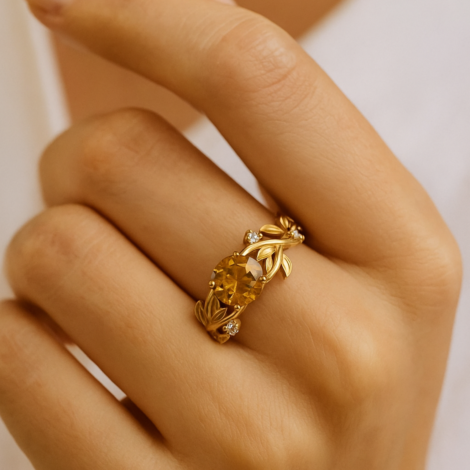 Citrine Nature-Inspired Leaf Band Ring – Sterling Silver