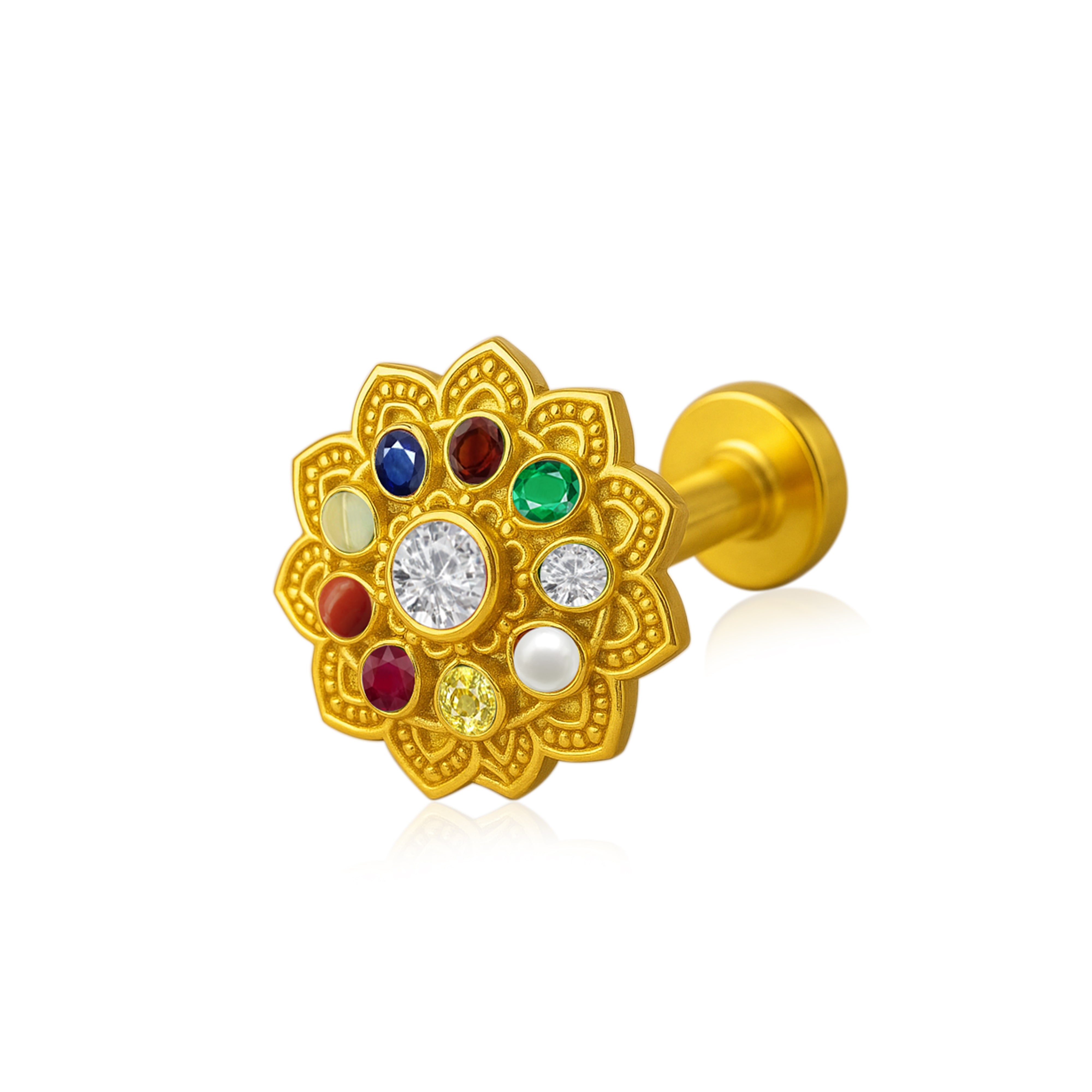 Navratna Lotus Floral Multi Gemstone Nose Pin – Sterling Silver Gold Plated